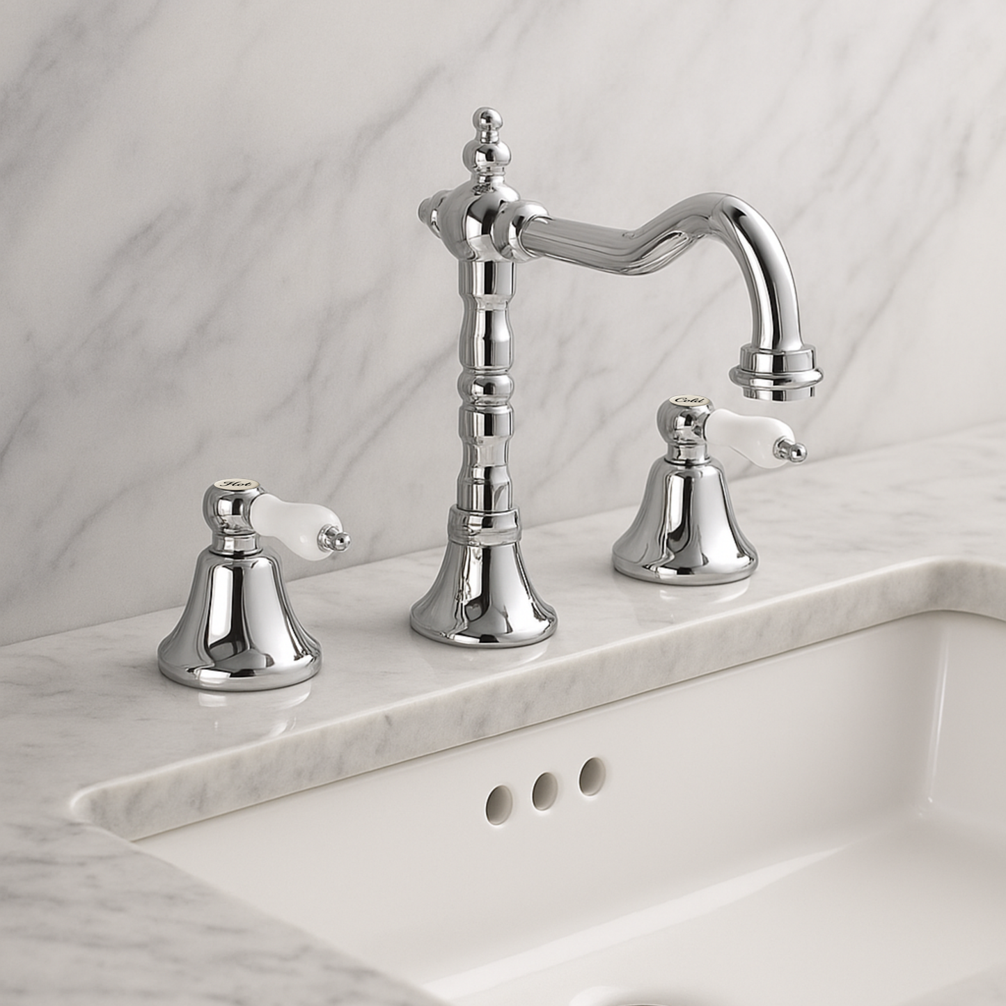 Chrome bathroom faucet set on a marble countertop with a white tiled wall background.