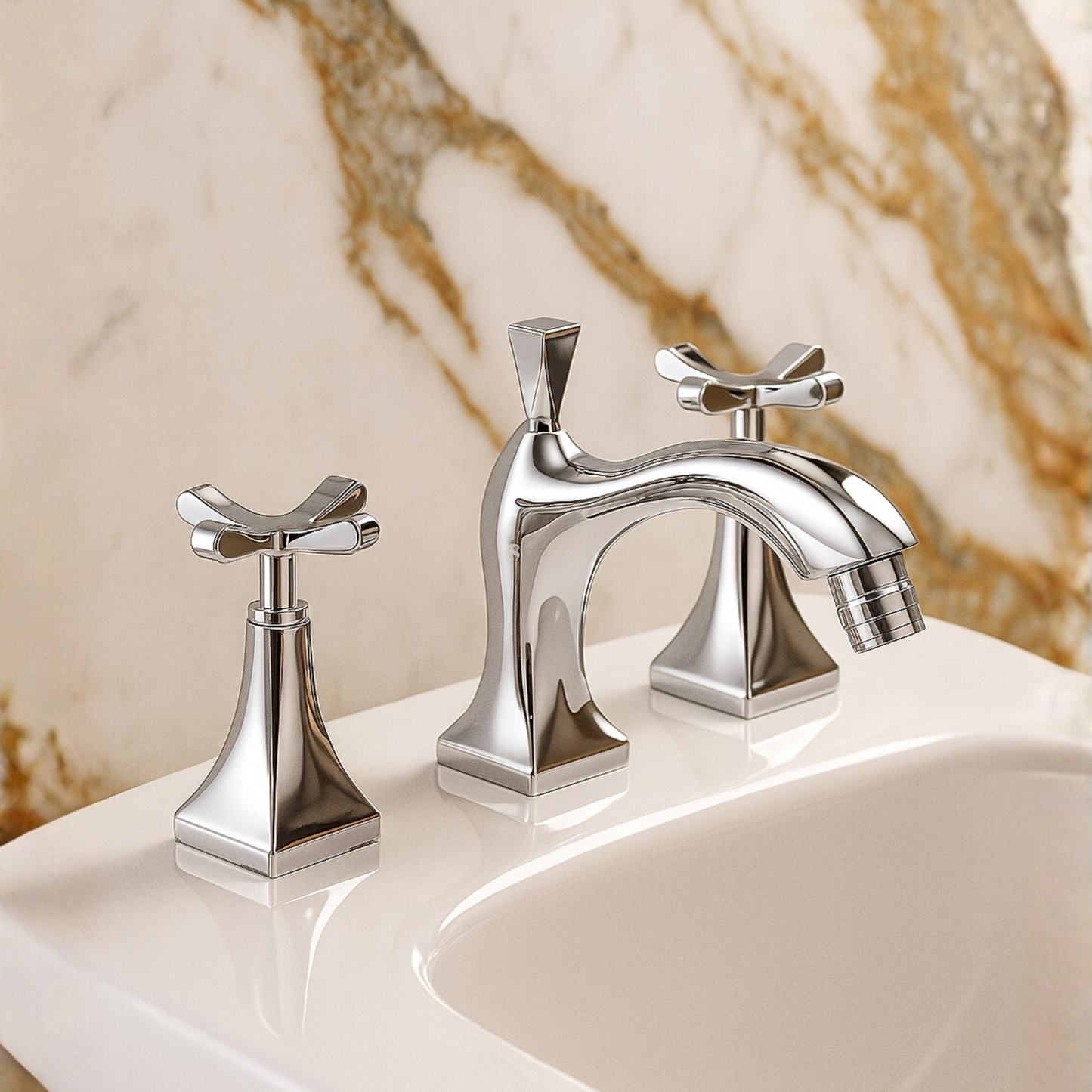 Chrome bathroom faucet set on a marble background