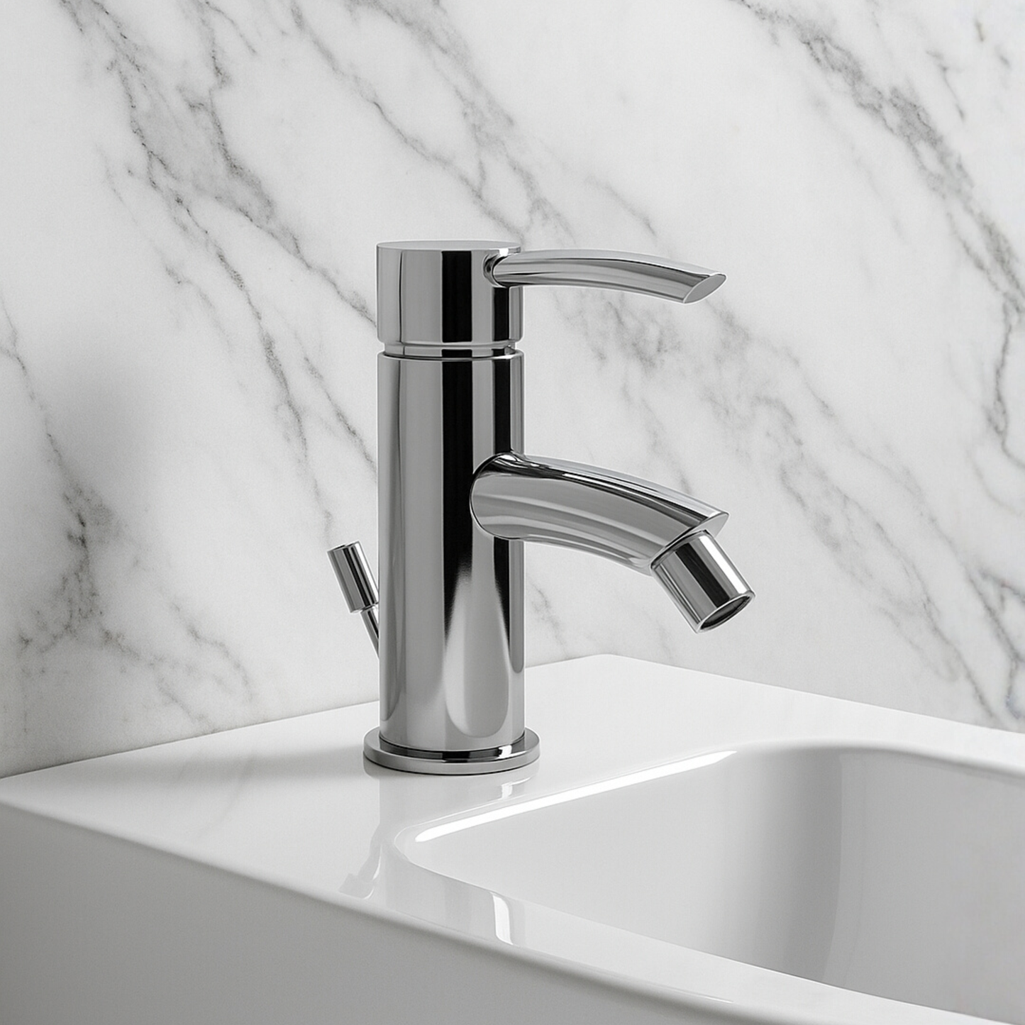 Chrome faucet on a white sink with a marble wall background