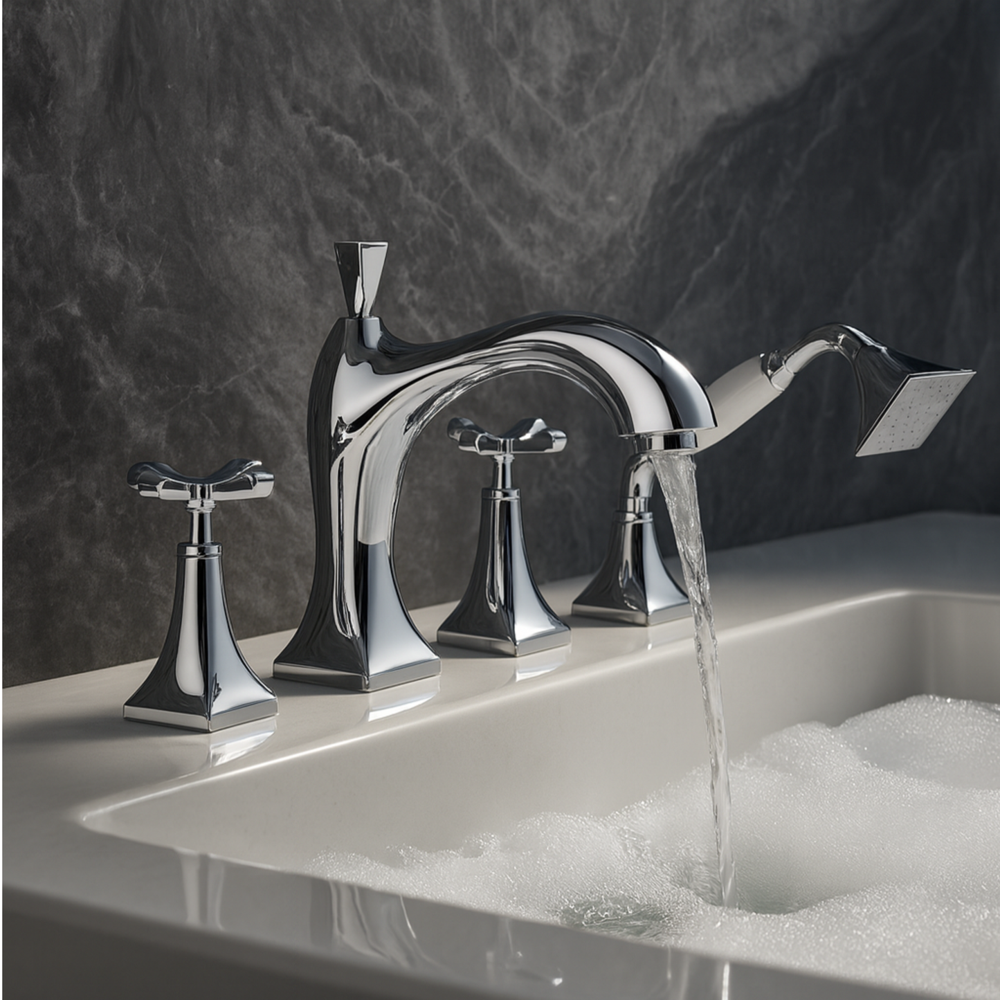 Chrome bathroom faucet set with water flowing into a bathtub against a dark marble wall.