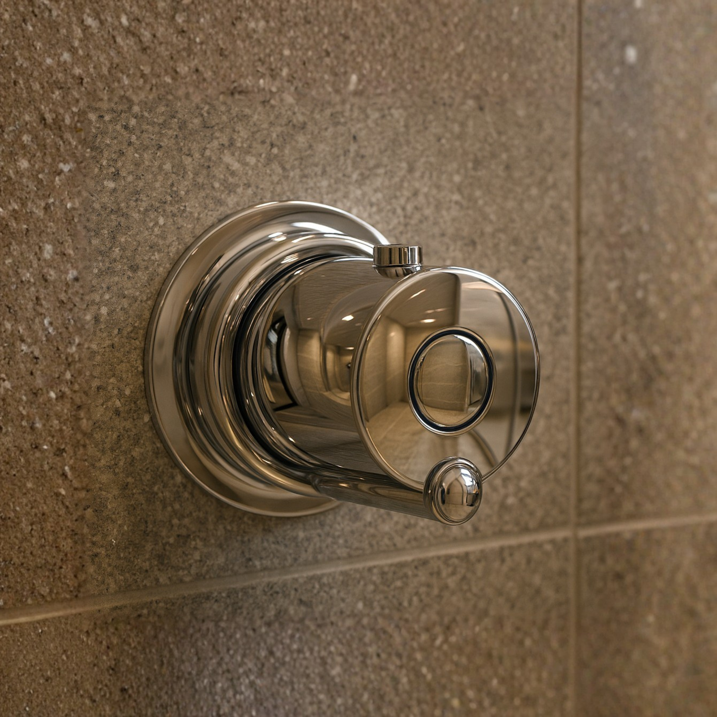 Chrome bathroom fixture on a tiled wall