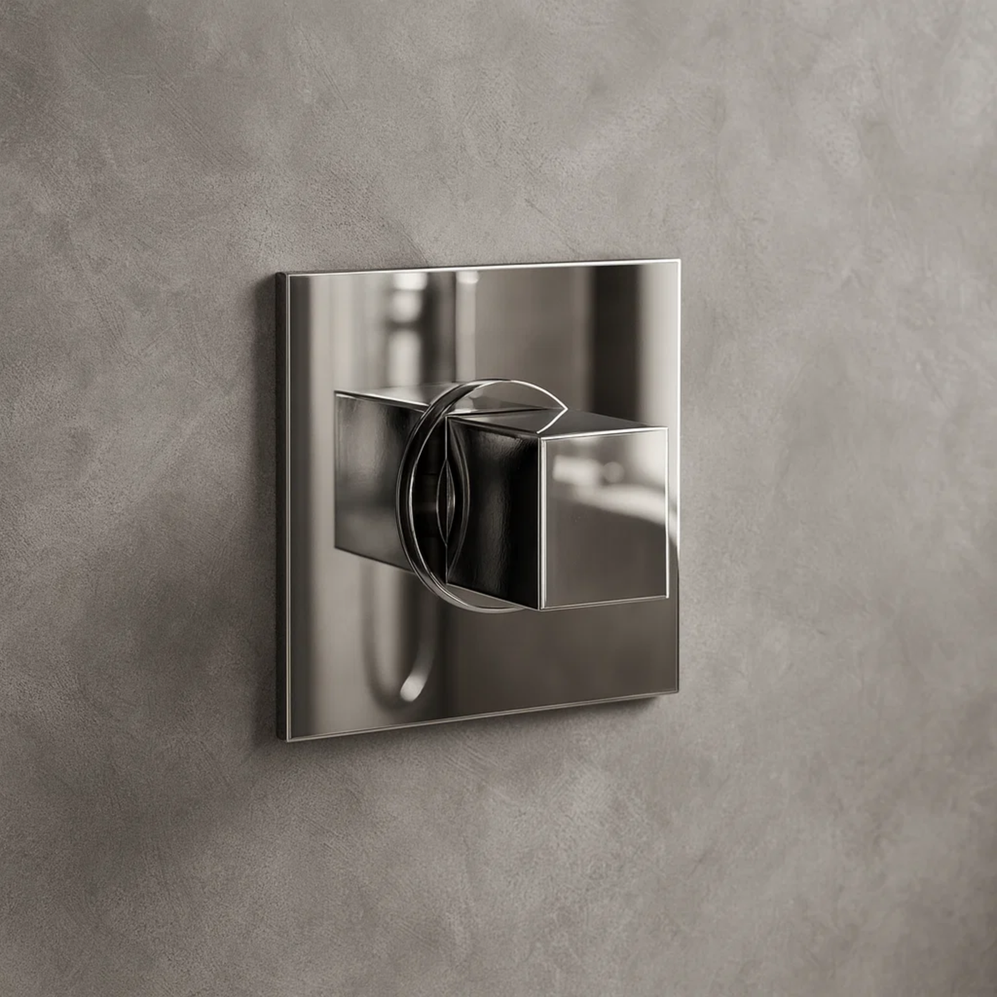 Chrome wall-mounted shower control fixture on a gray concrete wall