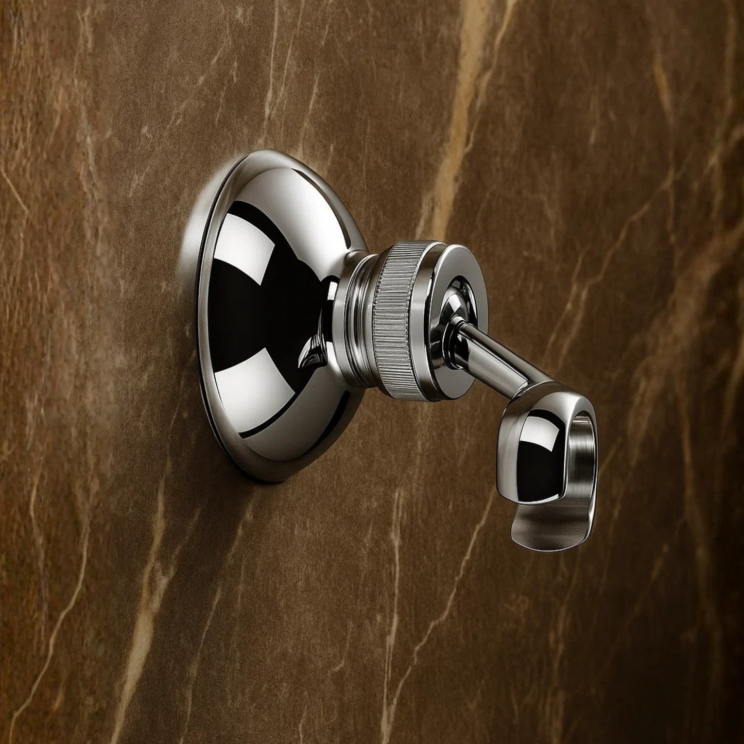 Chrome door handle on a brown marble background
