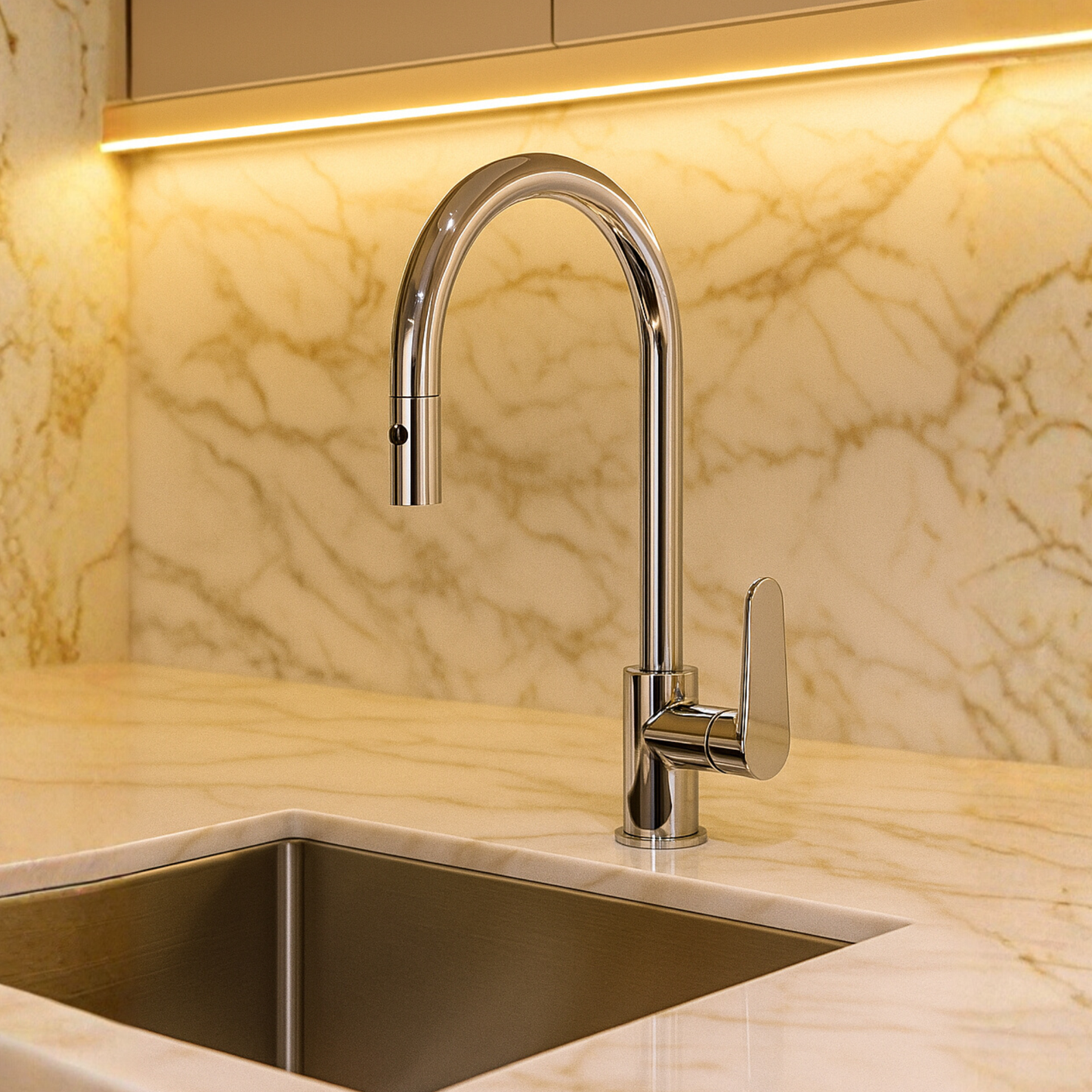 Modern kitchen faucet and sink with marble backsplash