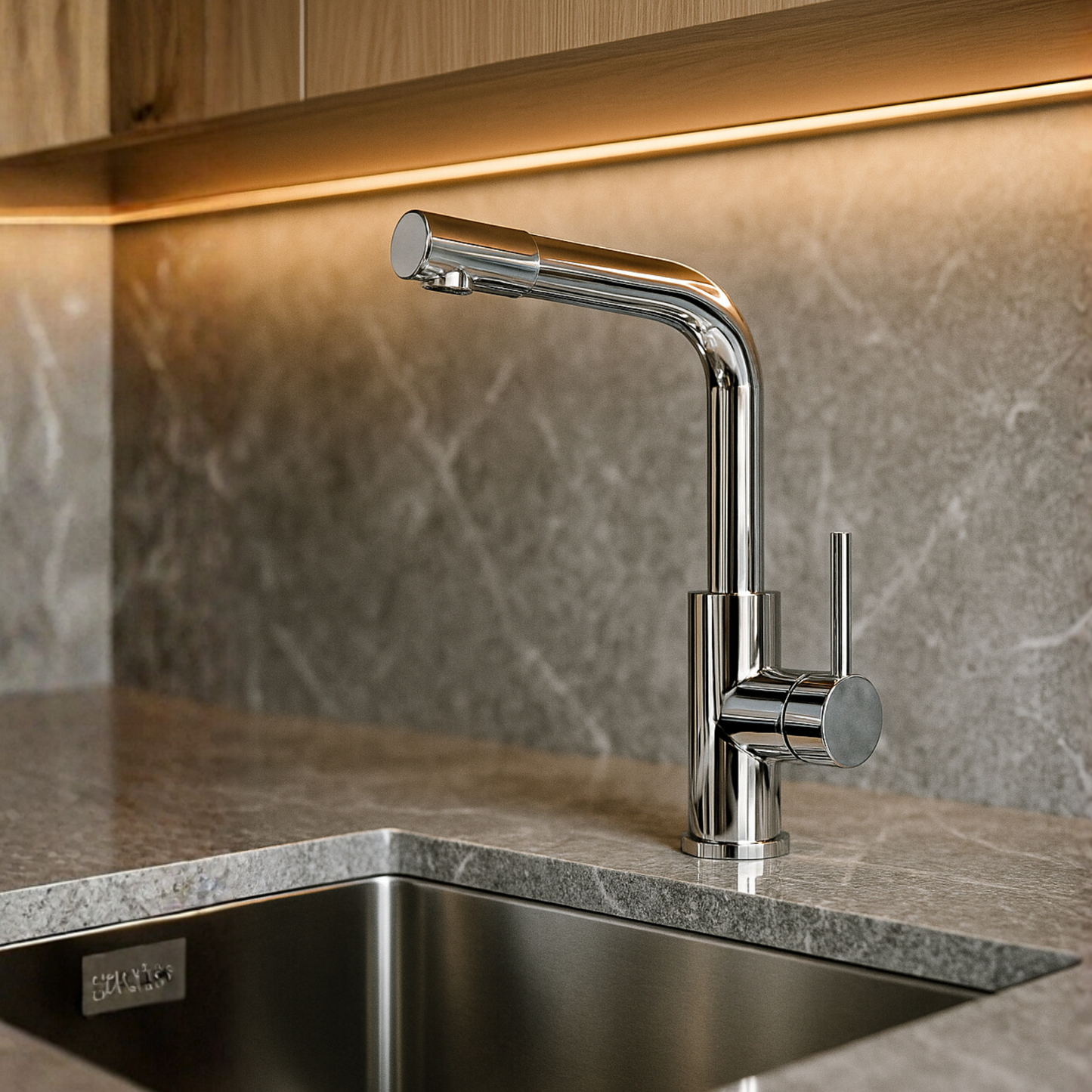 Modern kitchen faucet on a marble countertop with a neutral color scheme