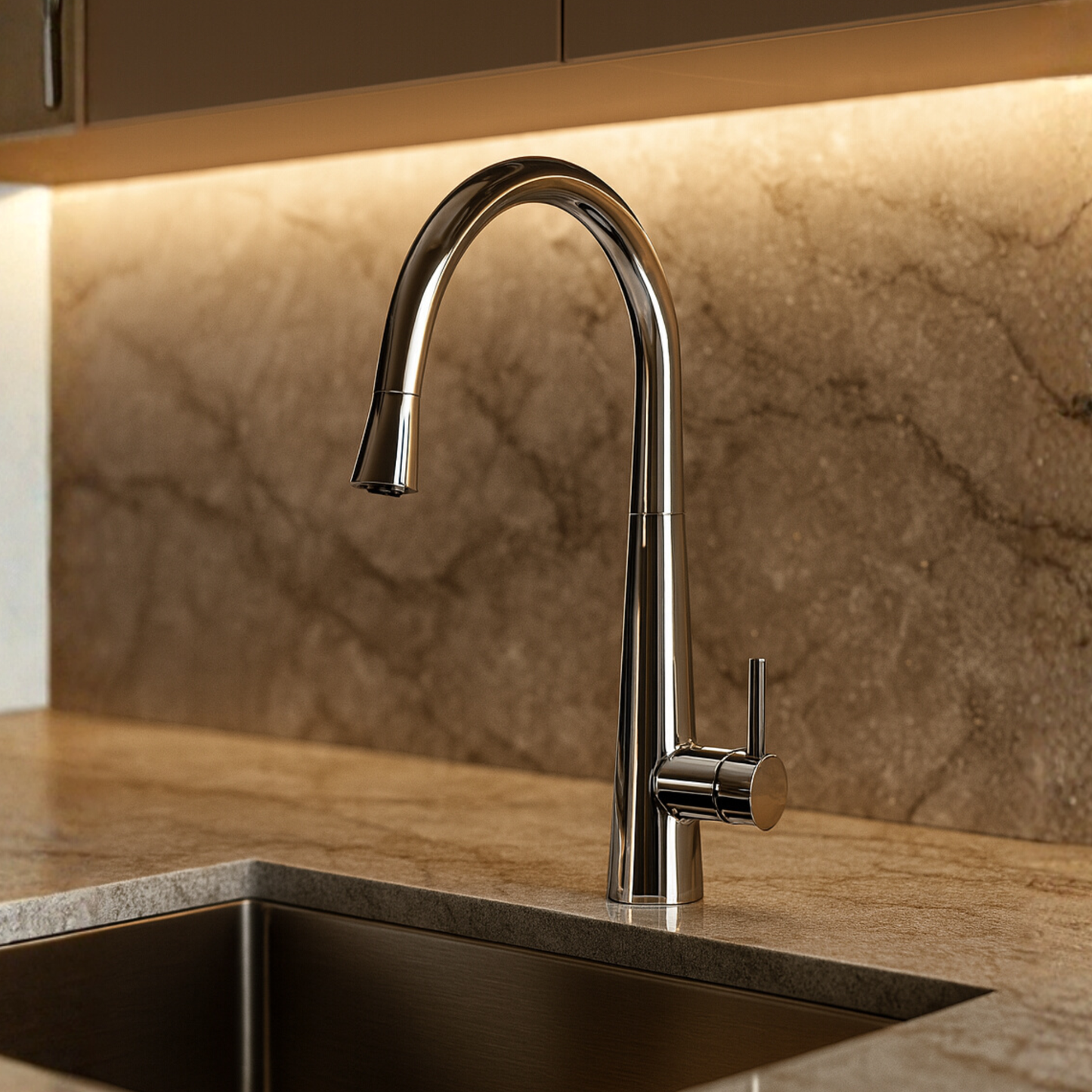 Modern kitchen faucet over a sink with a marble backsplash