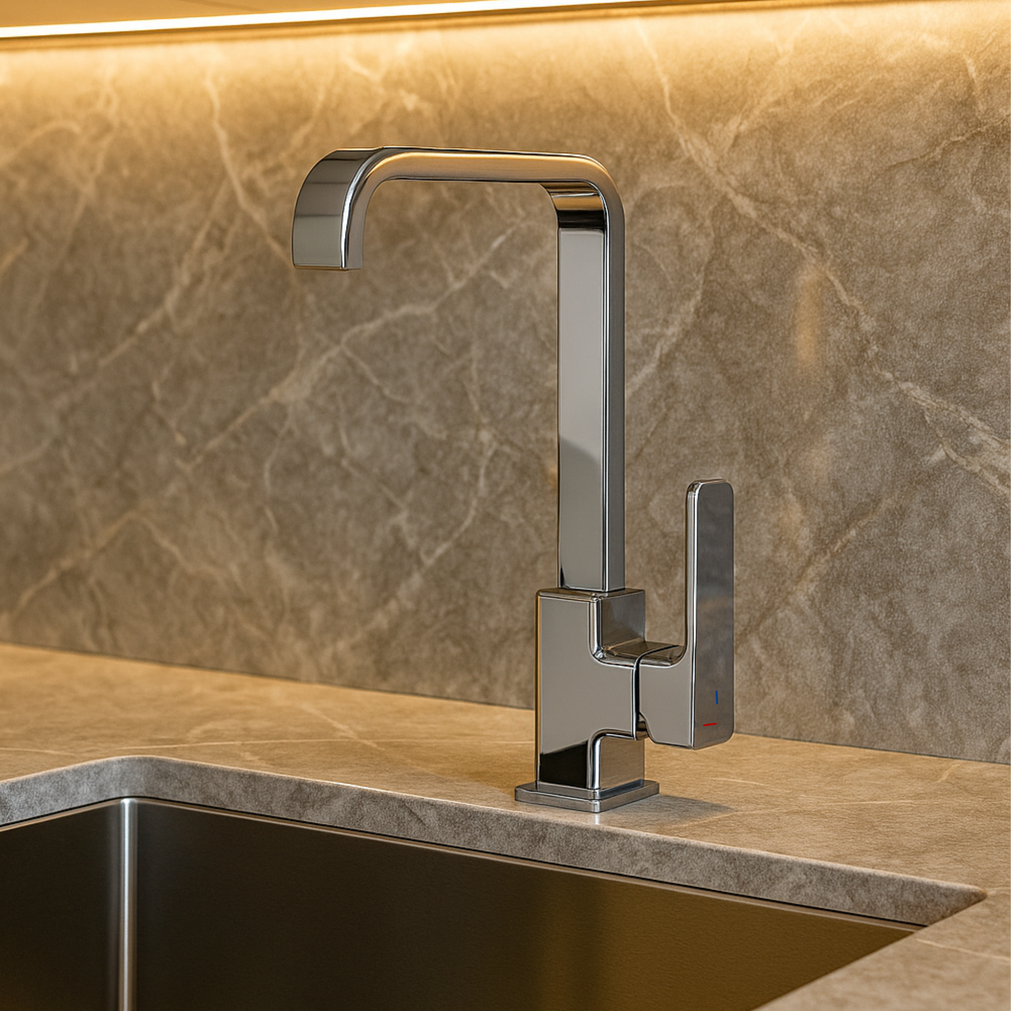Modern kitchen faucet on a marble countertop with a neutral backsplash