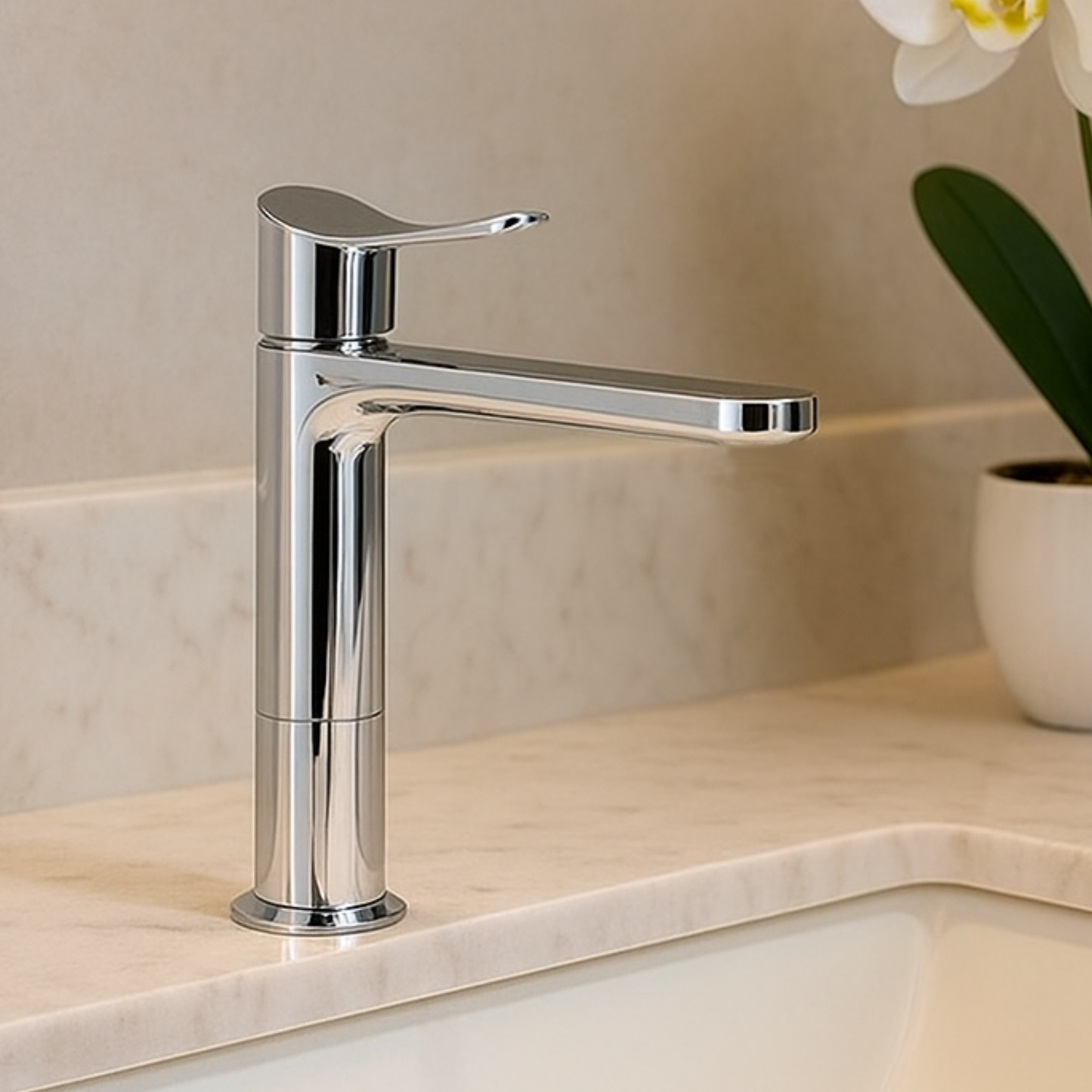 Chrome faucet on a marble countertop with a neutral background