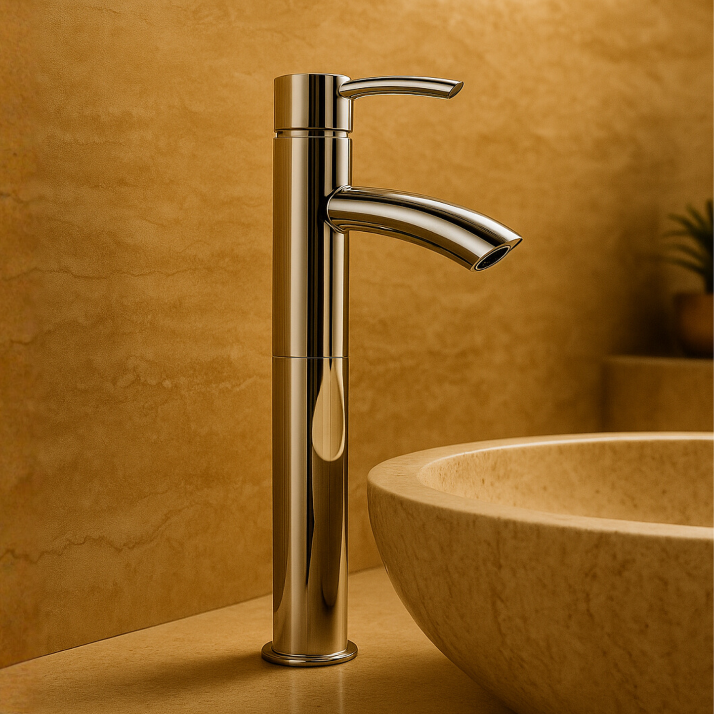 Chrome faucet on a beige wall with a matching sink.