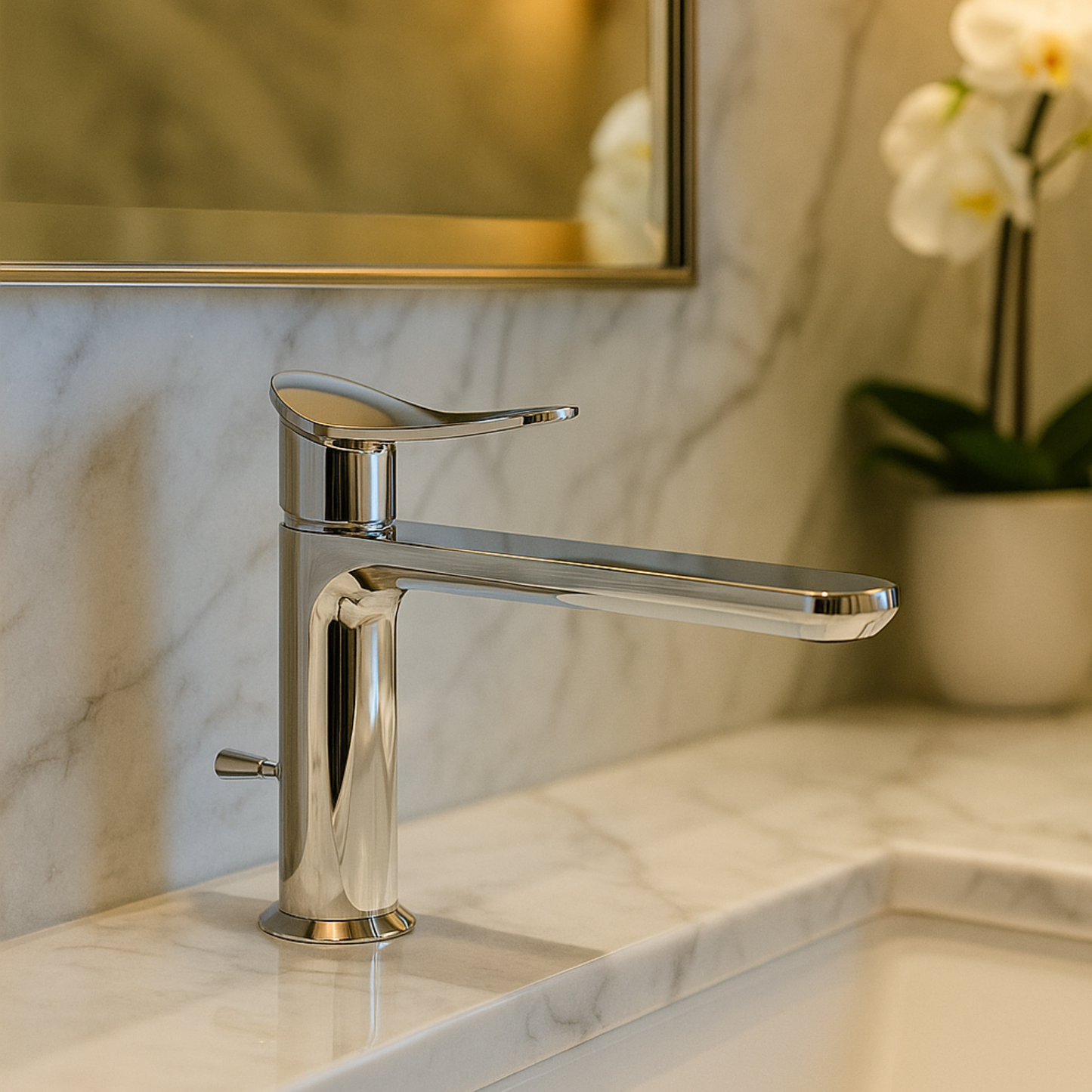 Chrome faucet on a marble countertop with a blurred mirror and plant in the background