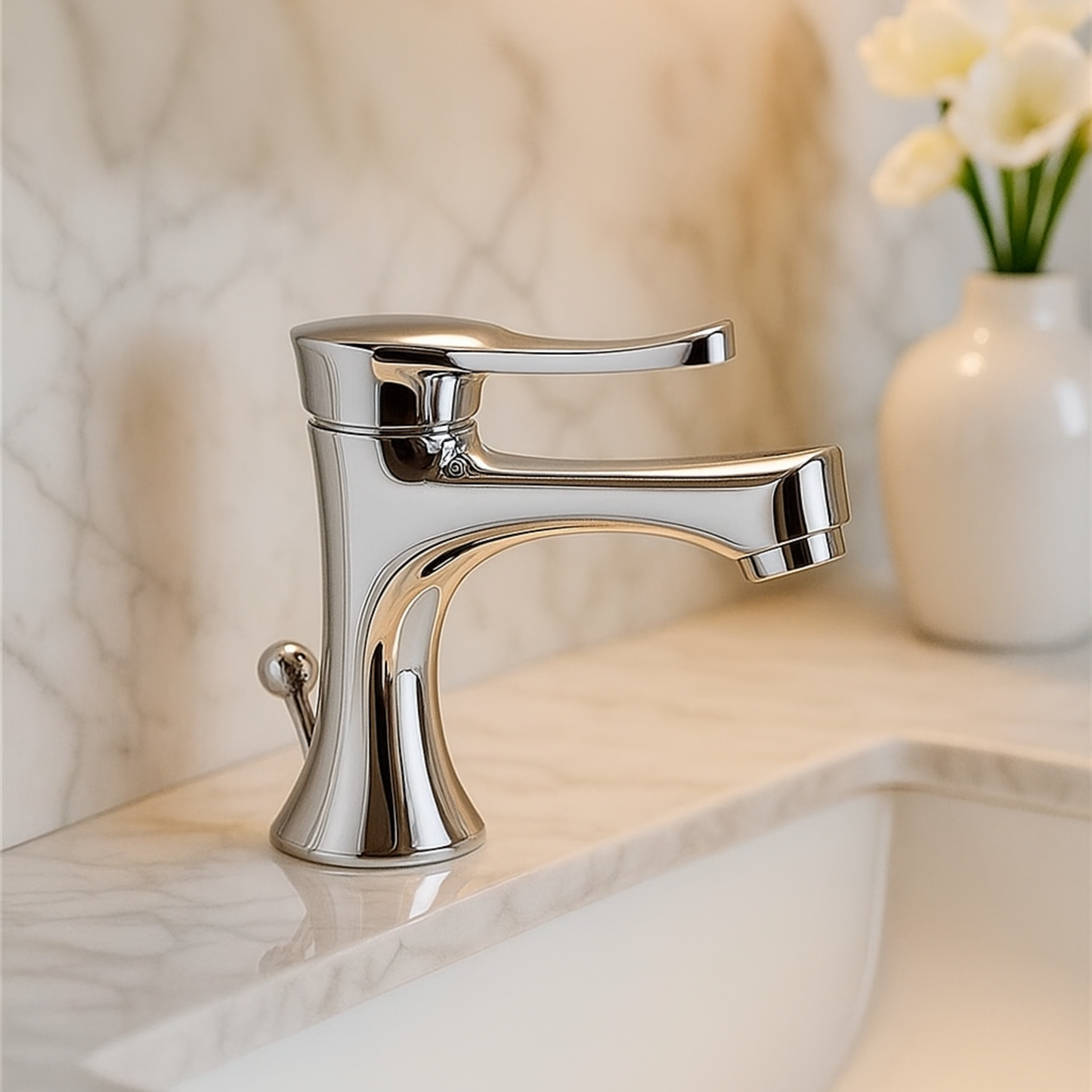 Chrome faucet on a marble countertop with a blurred background