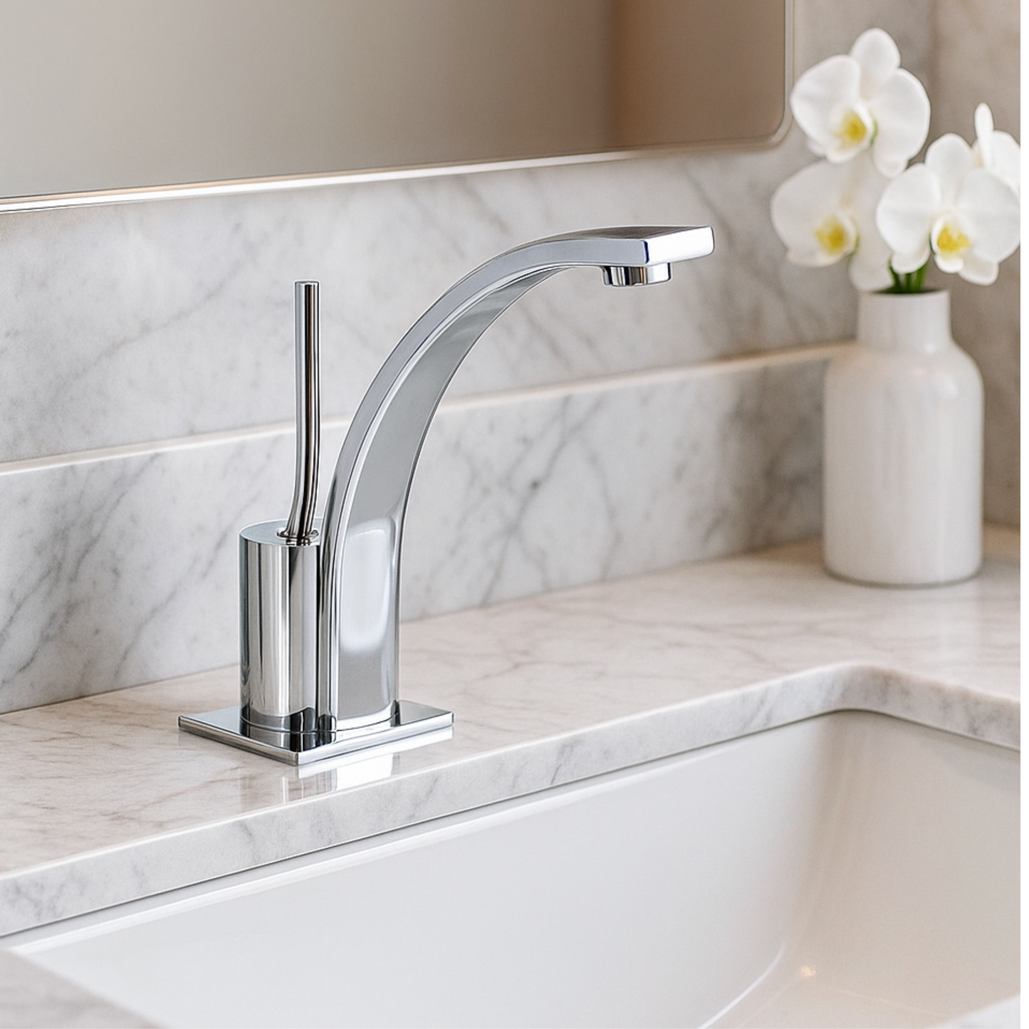 Chrome faucet on a marble countertop with a vase of white flowers in the background