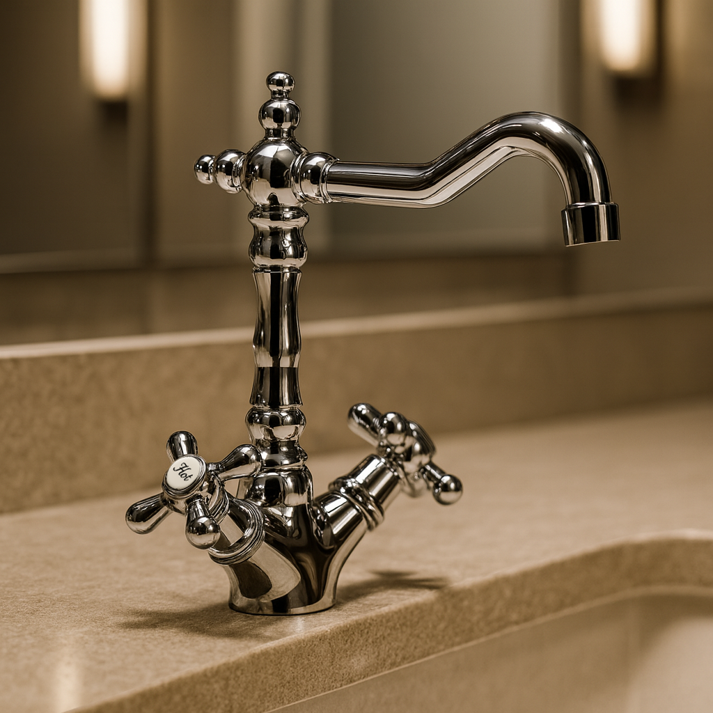 Chrome faucet on a beige sink with a blurred background
