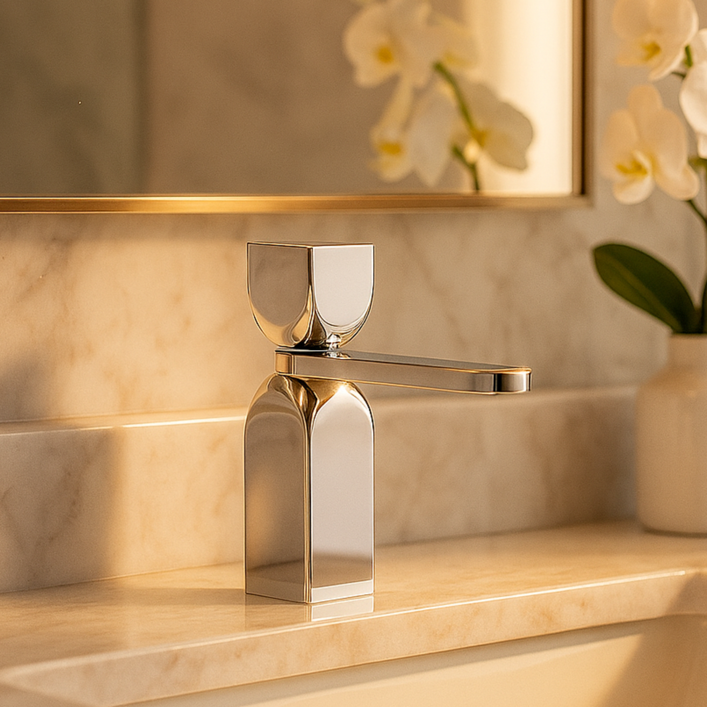 Chrome faucet on a marble countertop with a decorative mirror and flowers in the background
