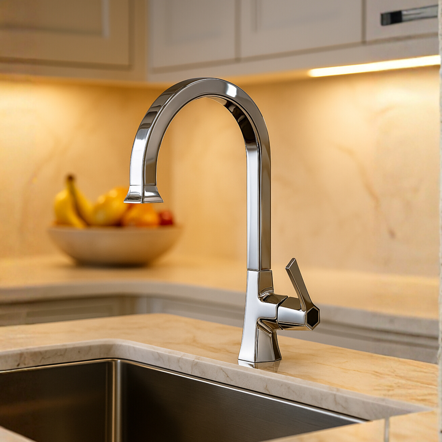 Modern kitchen faucet over a sink with a blurred background of a kitchen.