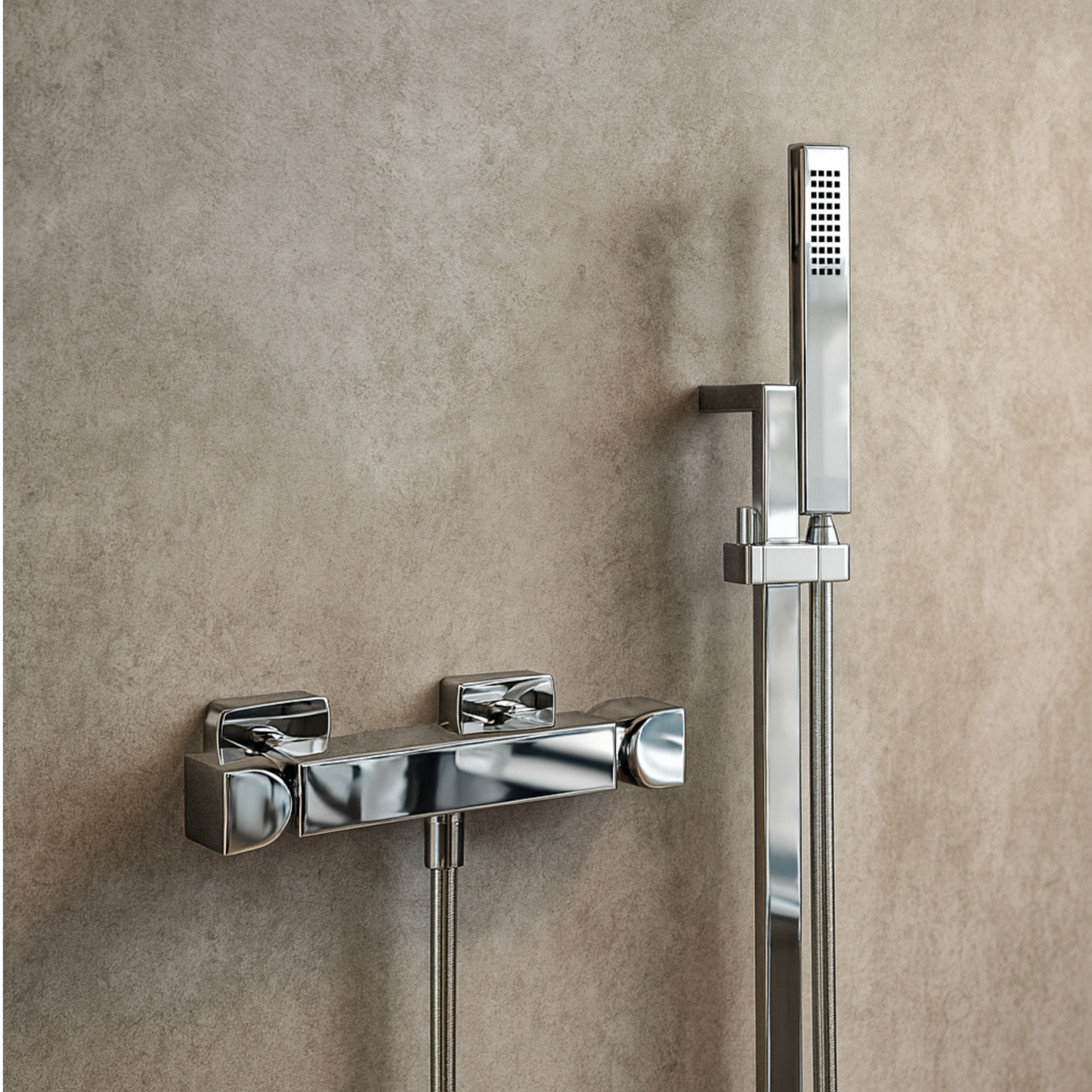 Chrome shower control panel and handheld shower head on a beige tiled wall.