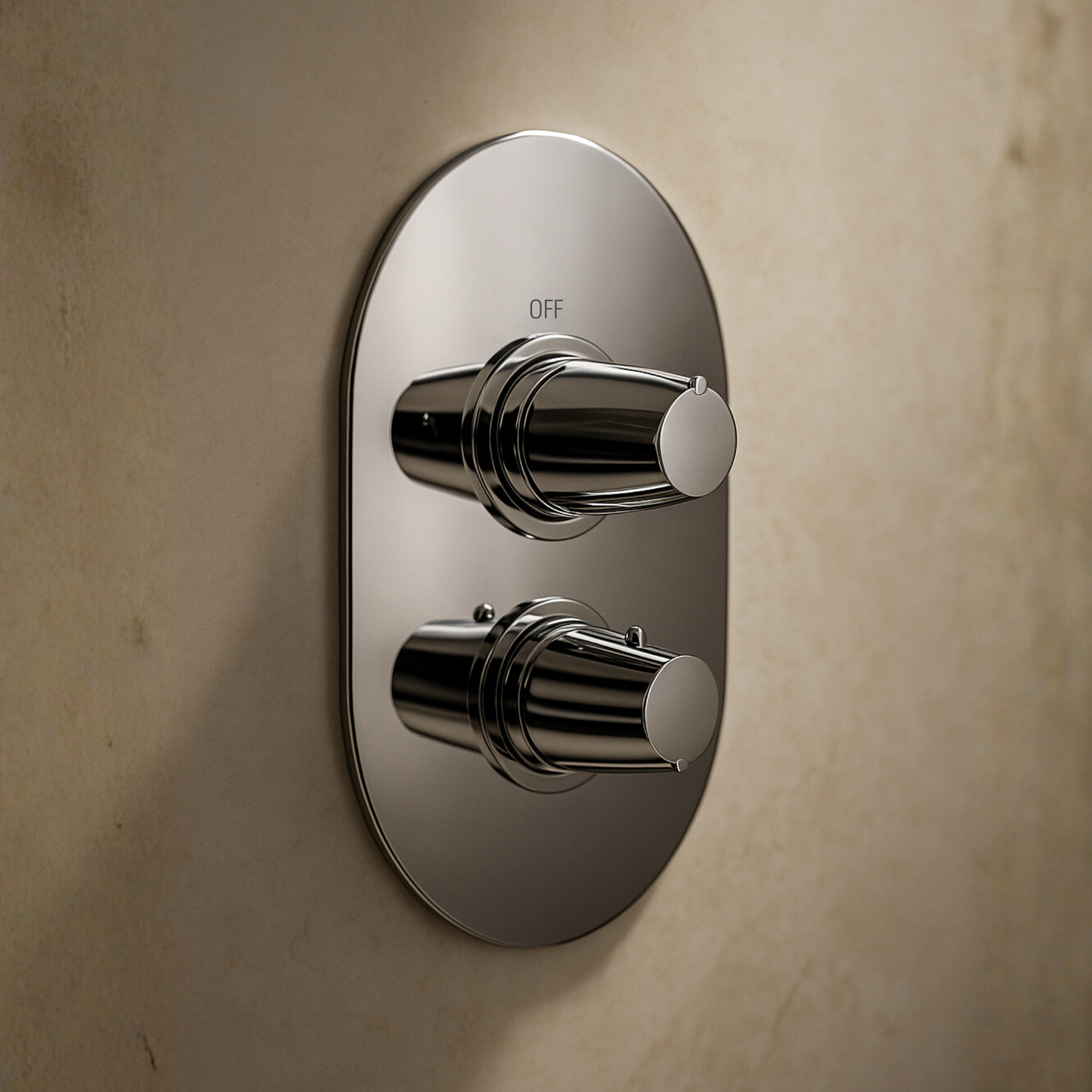 Chrome shower control panel on a beige wall