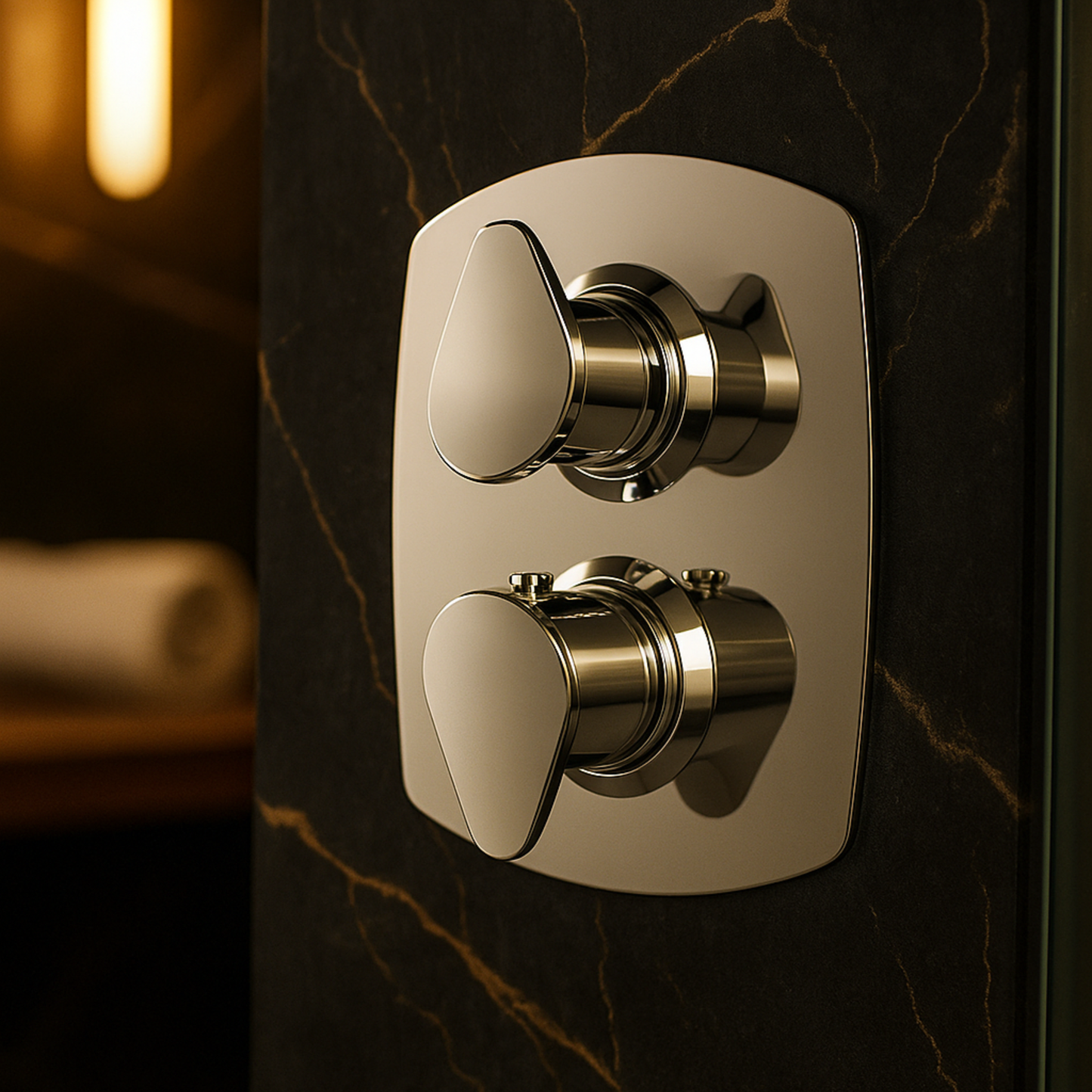 Chrome bathroom control panel on a marble wall
