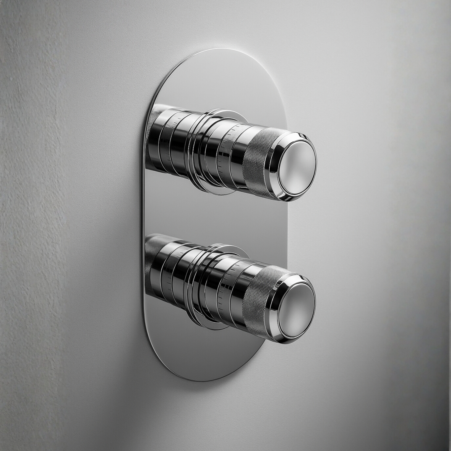 Chrome wall-mounted valve handle on a gray background