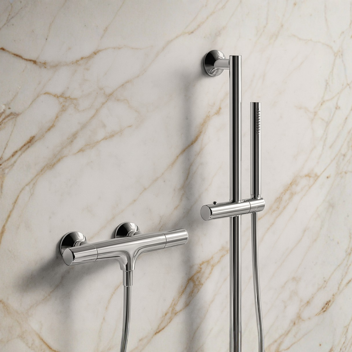 Chrome shower handle and handheld shower head on a marble wall background