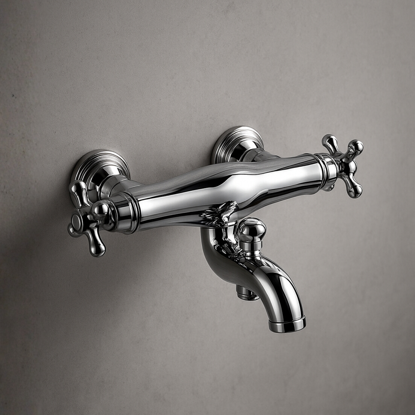 Chrome wall-mounted bathtub faucet on a gray background