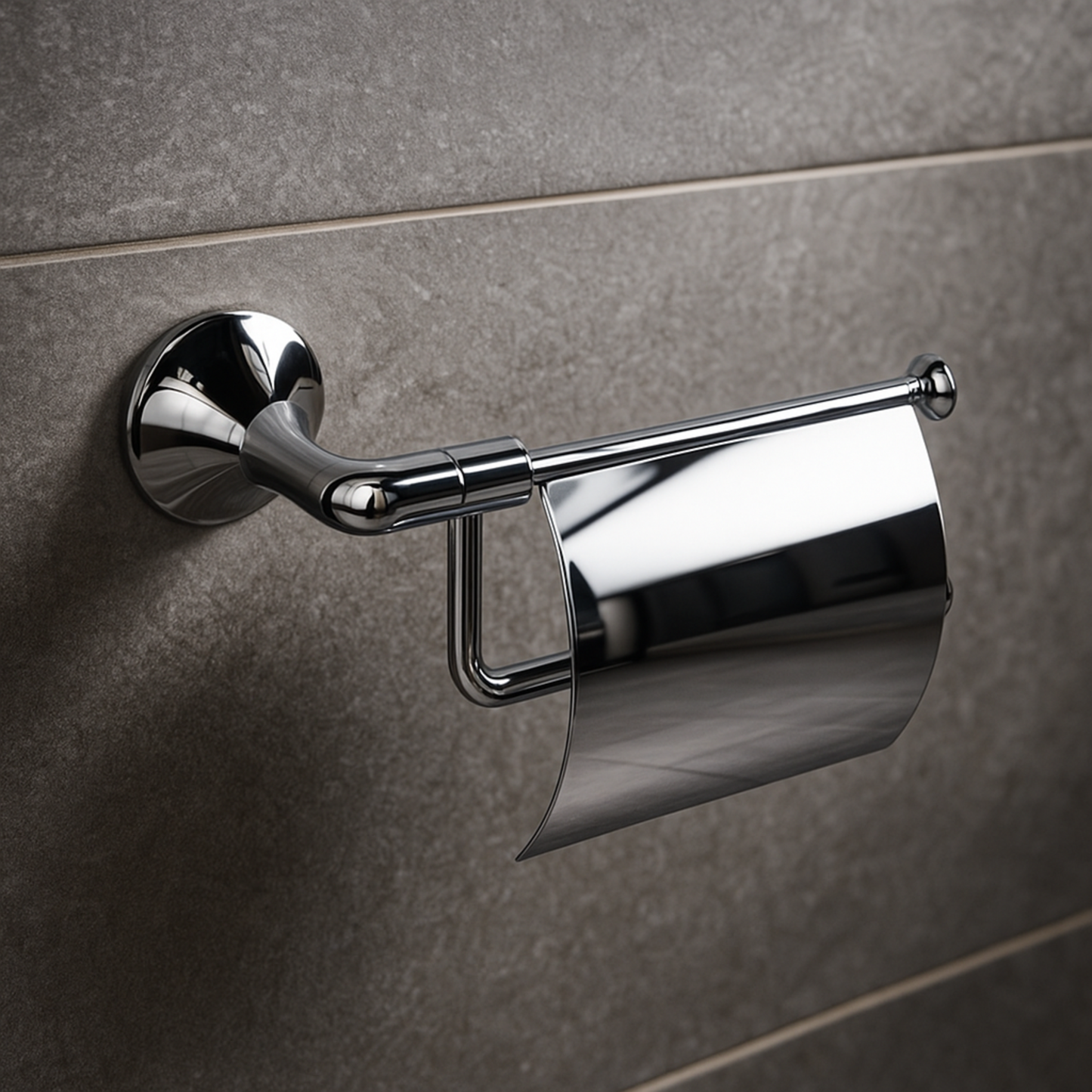 Chrome toilet paper holder mounted on a gray tiled wall