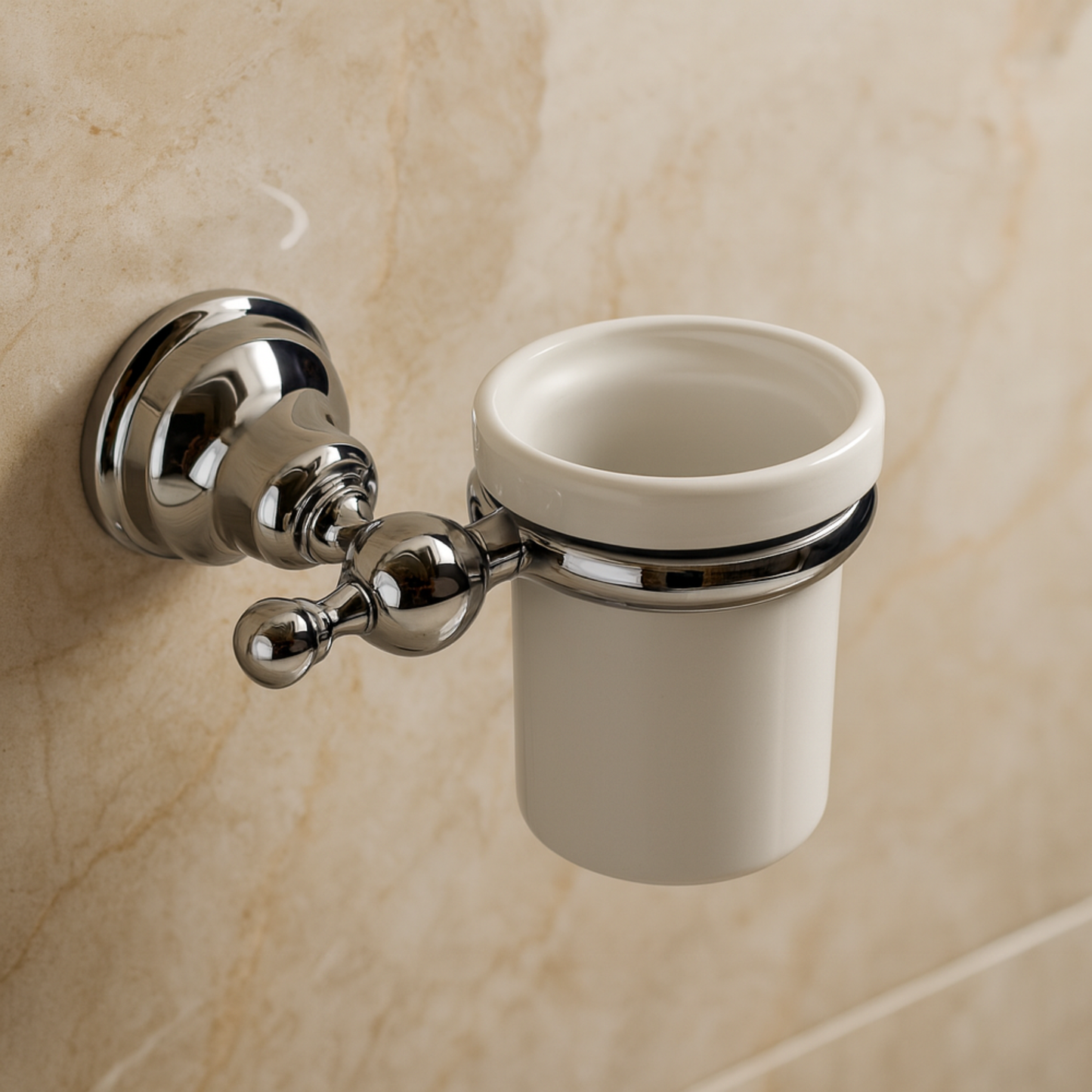 Wall-mounted ceramic cup holder with chrome finish on a beige tiled wall.