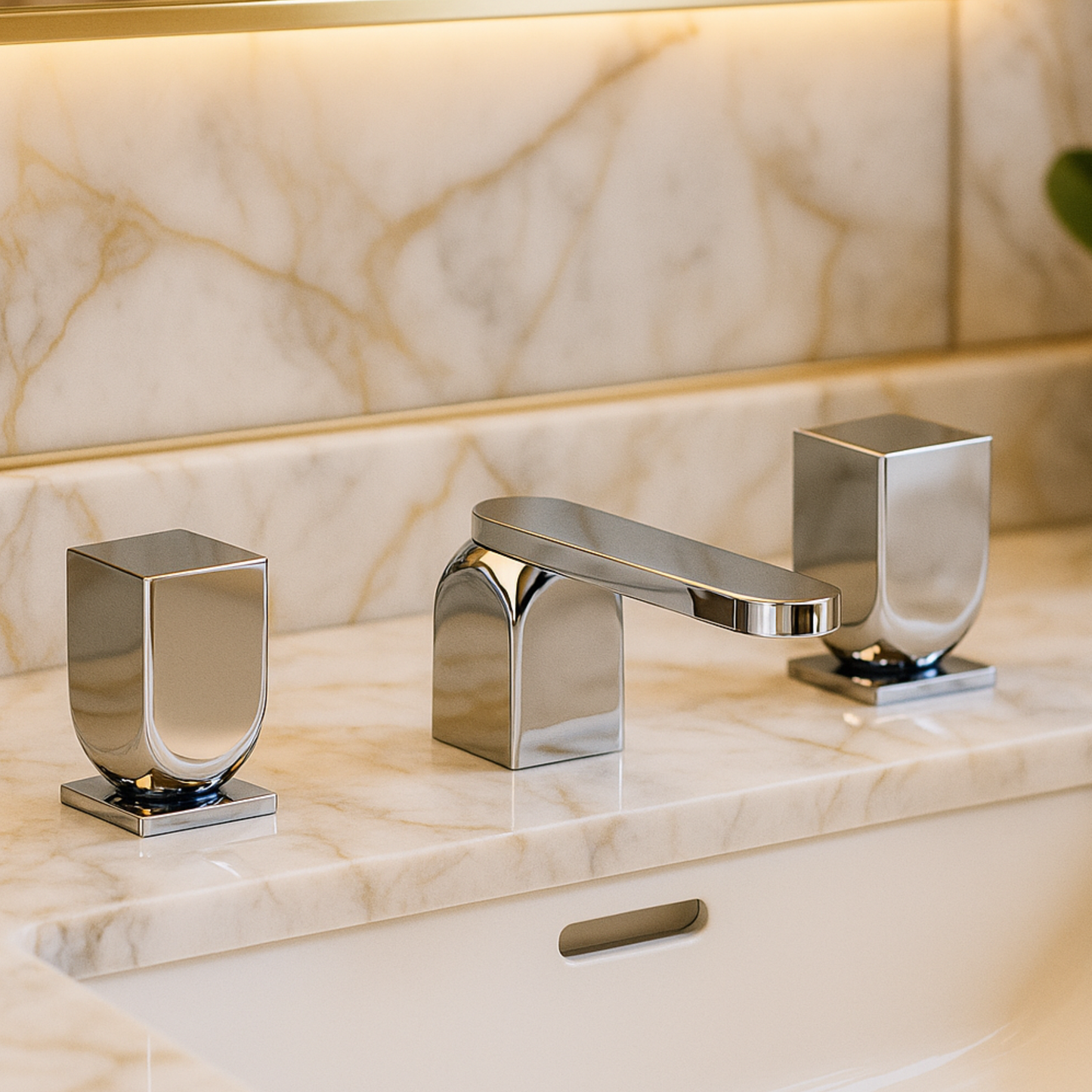 Chrome bathroom faucet set on a marble countertop with a marble wall in the background