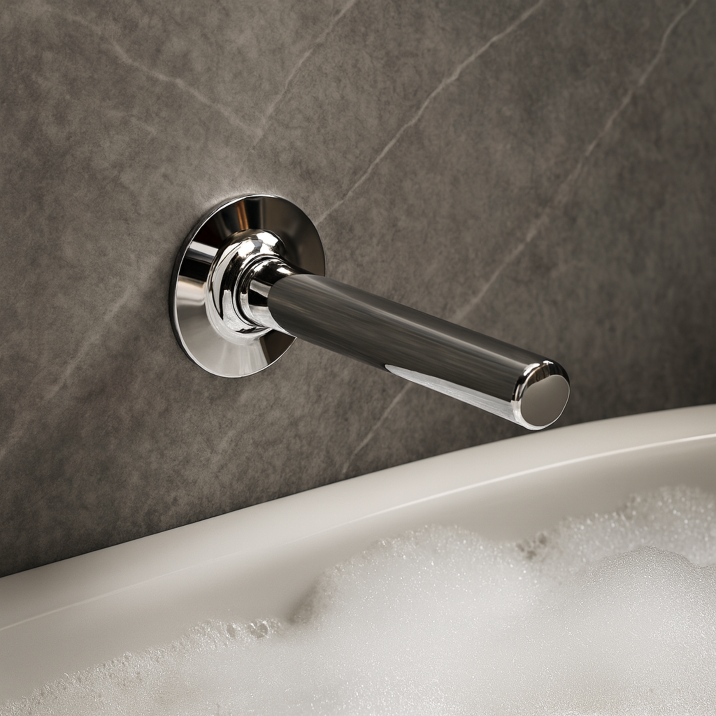 Chrome wall-mounted faucet on a gray tiled wall with a white sink.