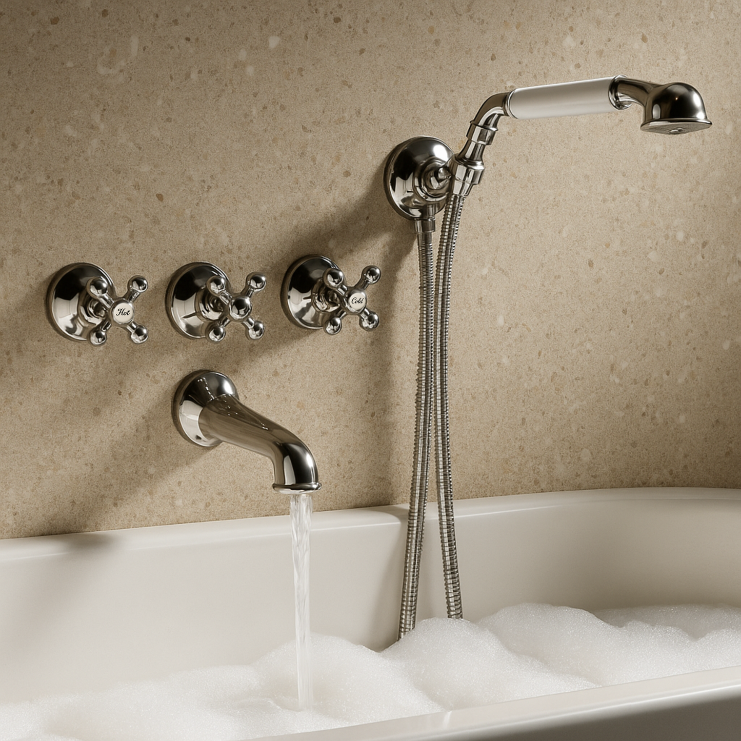 Chrome bathtub faucet and shower head set against a beige wall.