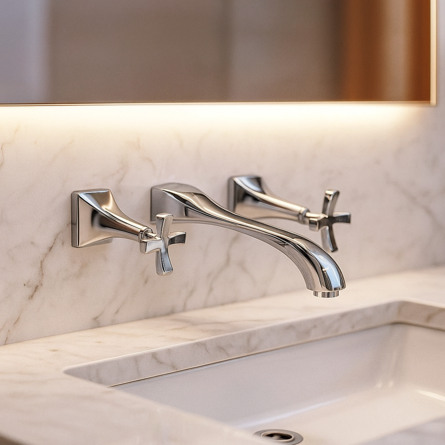 Chrome wall-mounted faucet on a marble bathroom vanity