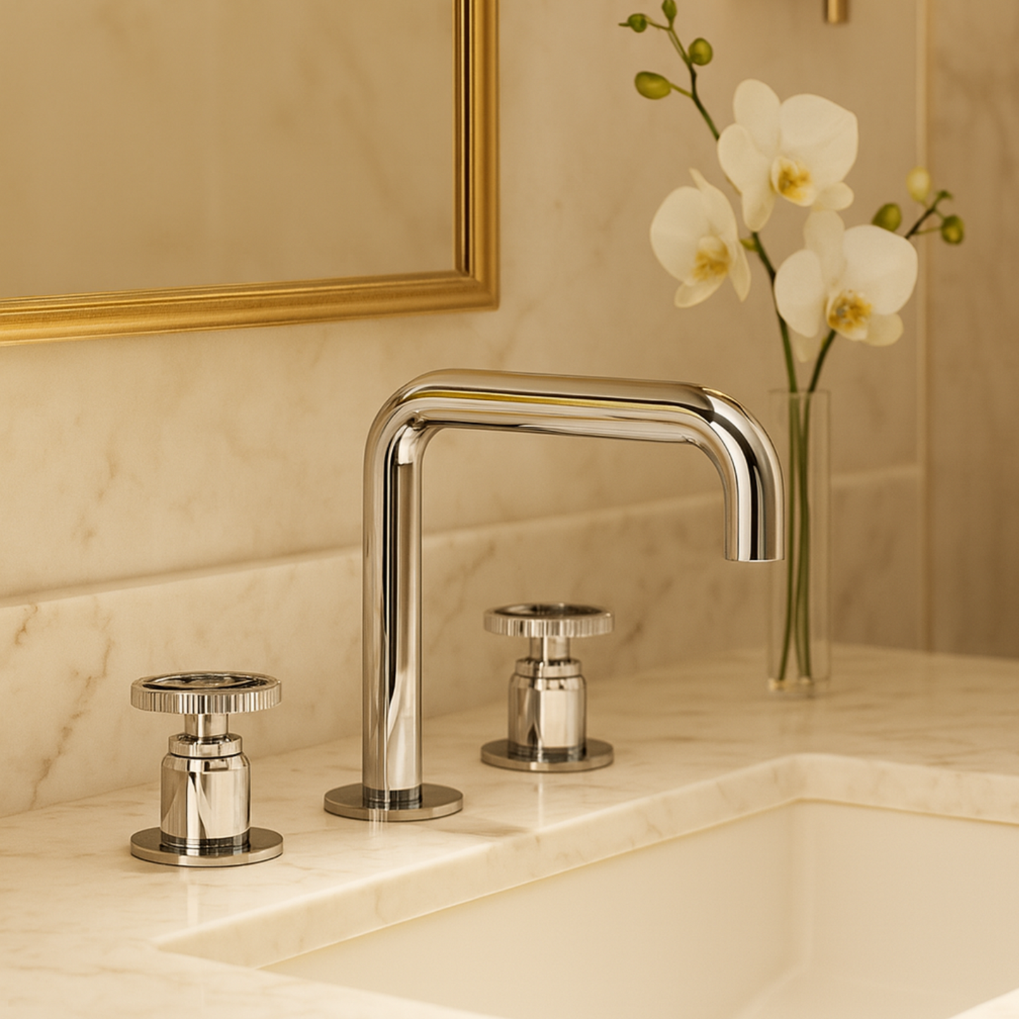 Chrome faucet with two handles on a marble countertop, with a vase of white flowers in the background.
