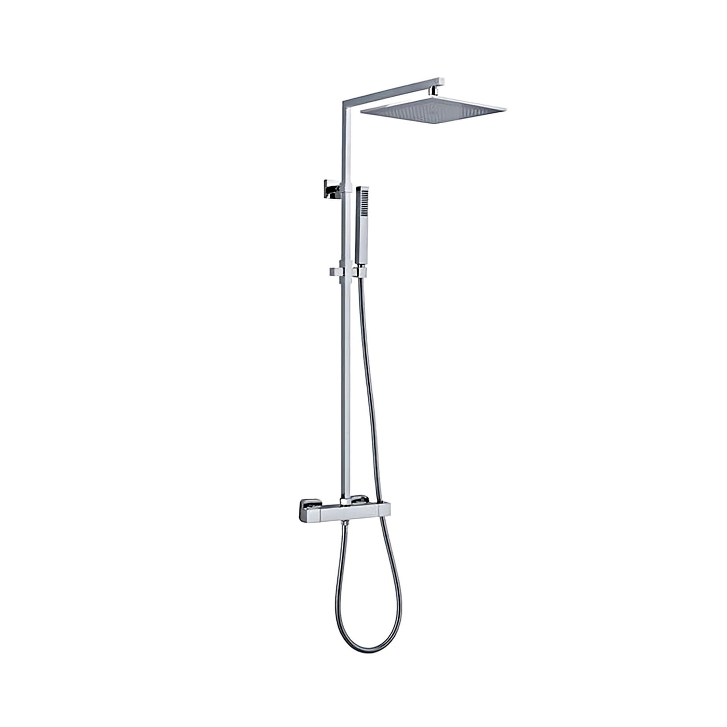 A wall-mounted, exposed thermostatic shower set with a square overhead shower head and a handheld shower head, both in a silver finish.