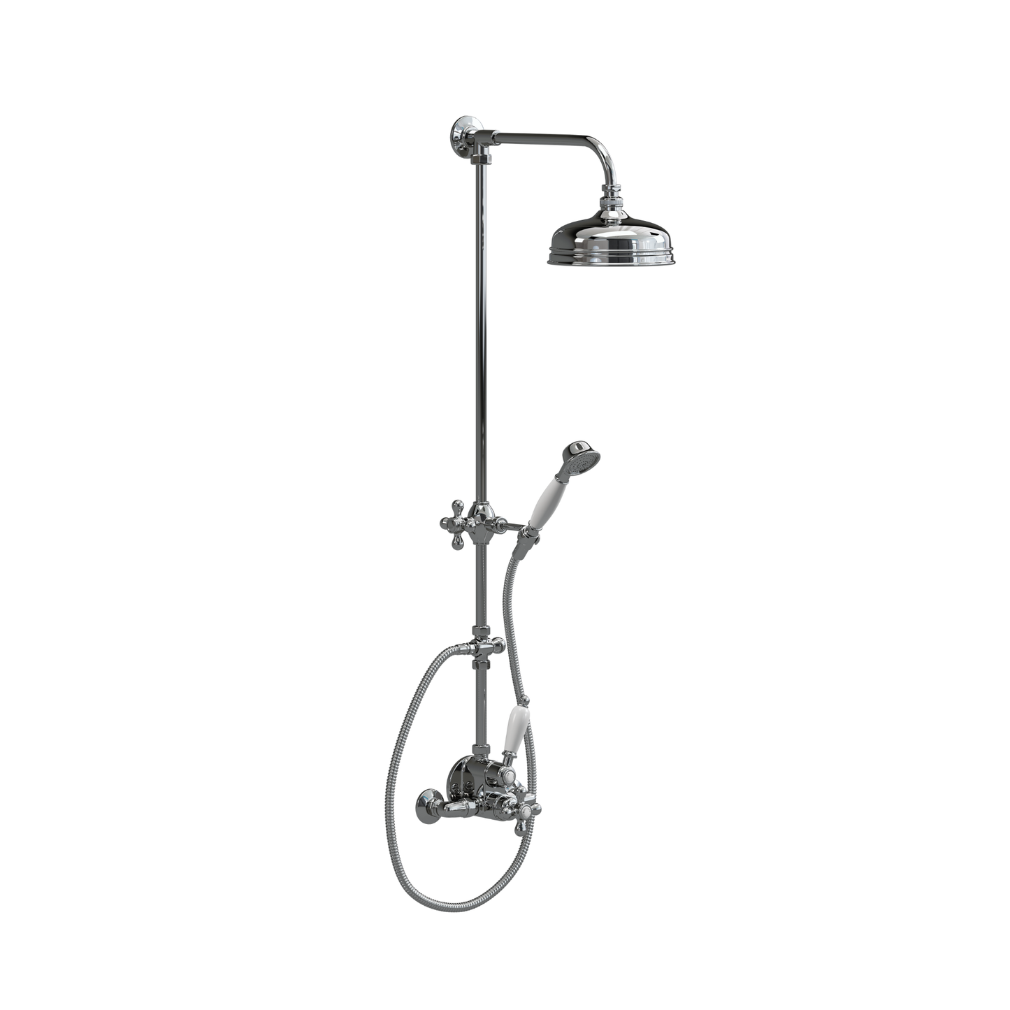 Chrome shower set with shower head and control handle on a white background