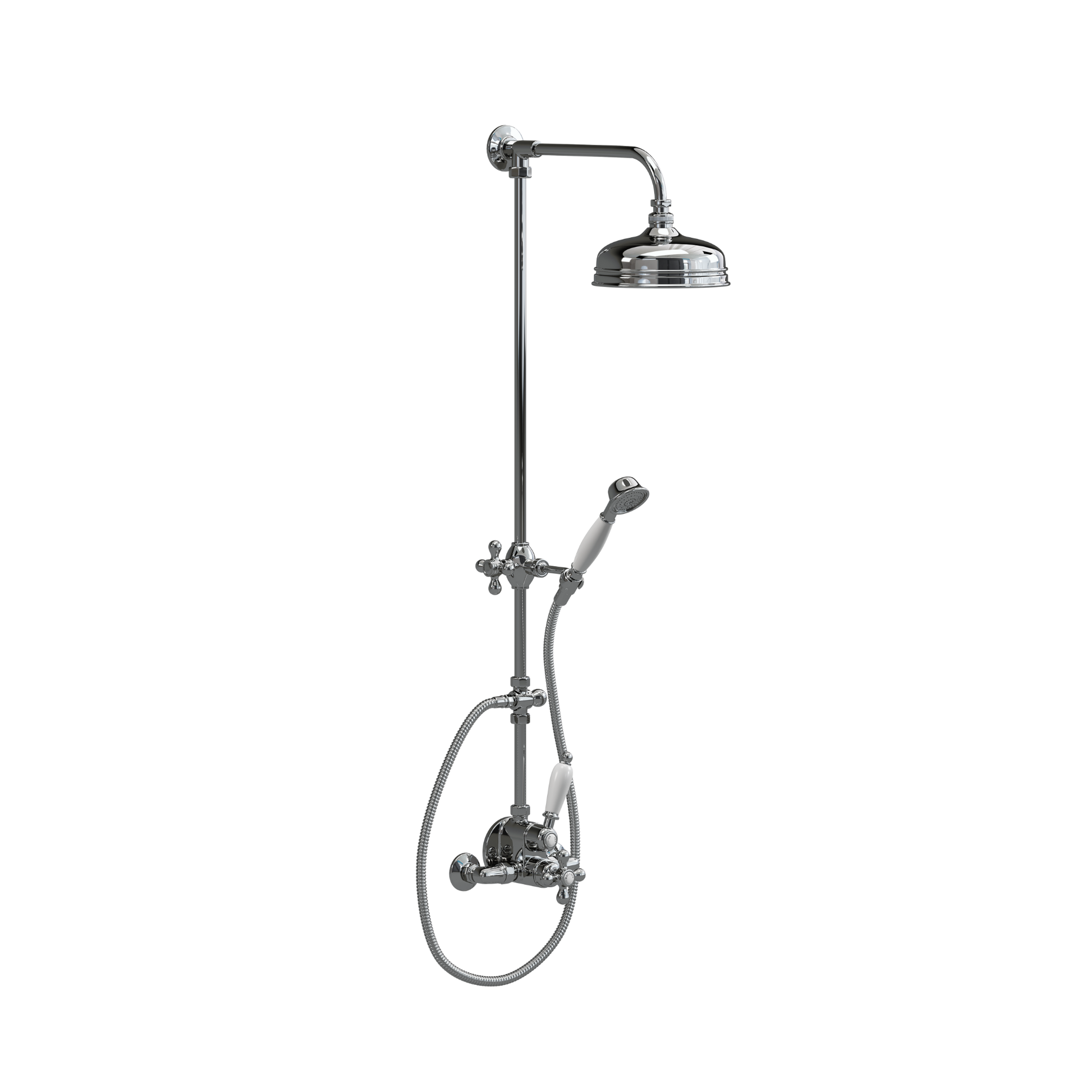 Chrome shower set with shower head and control handle on a white background