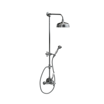 Chrome shower set with shower head and control handle on a white background