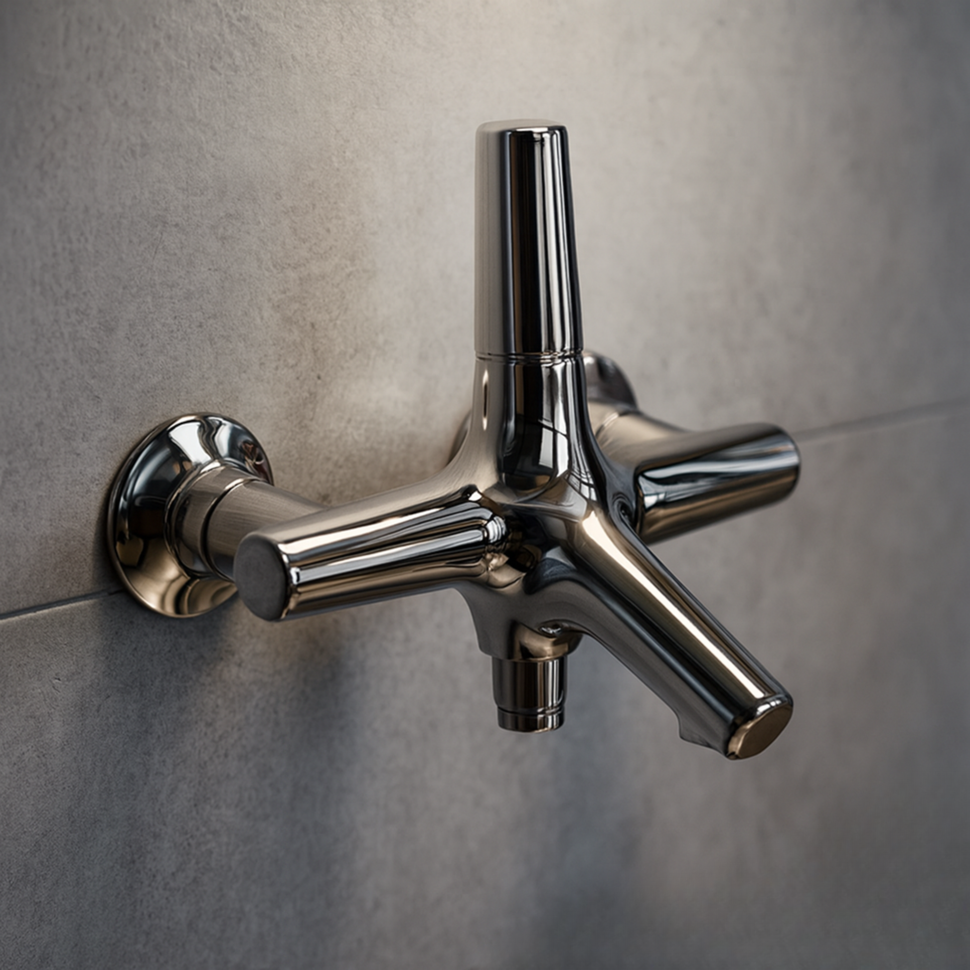 Chrome wall-mounted faucet on a gray tiled wall