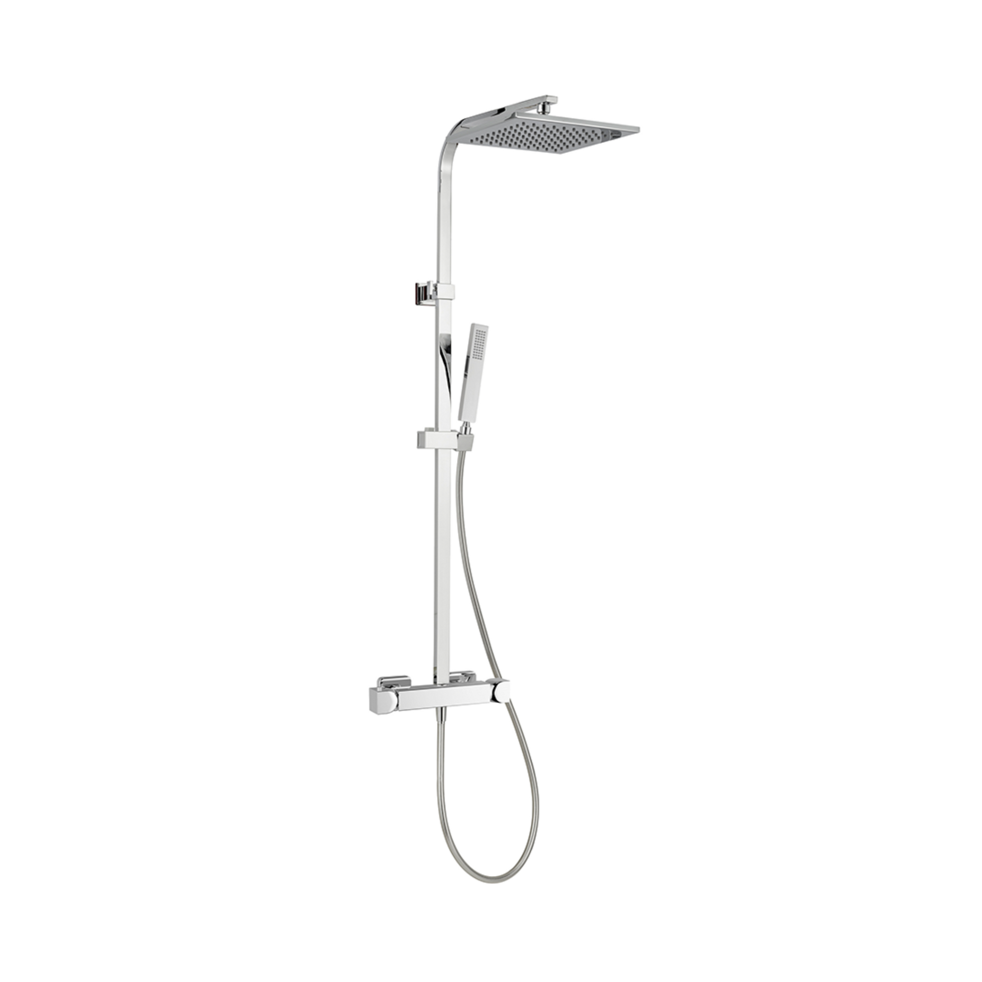 Wall-mounted exposed thermostatic shower set with a silver finish and anti-scald valve.