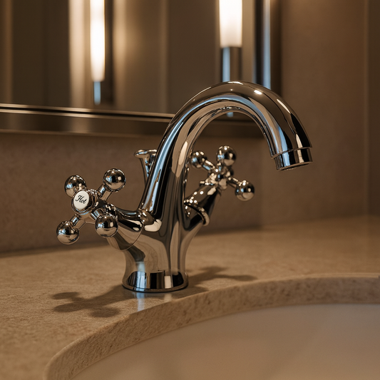 Chrome faucet on a bathroom sink with a blurred background