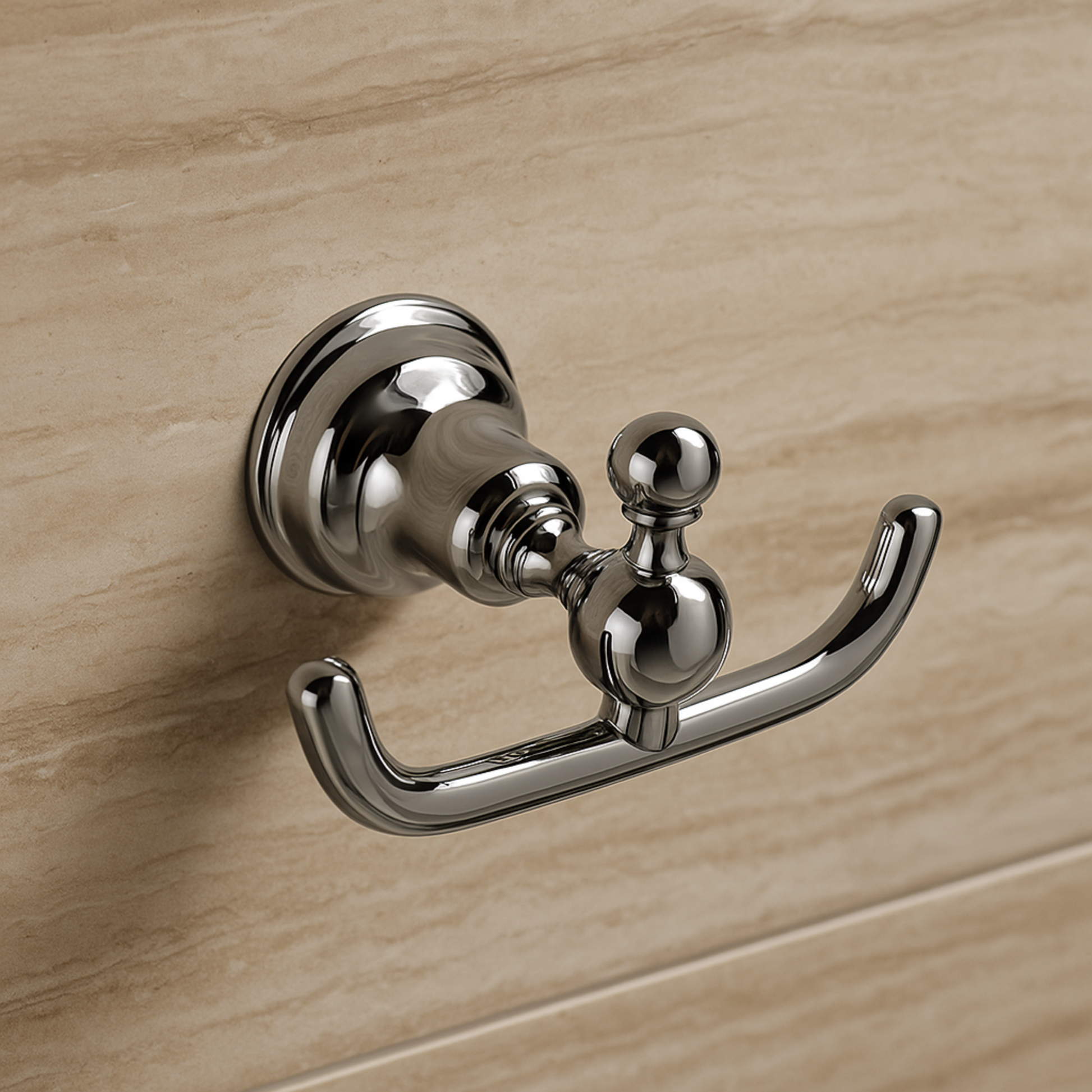 Chrome double robe hook on a wooden surface