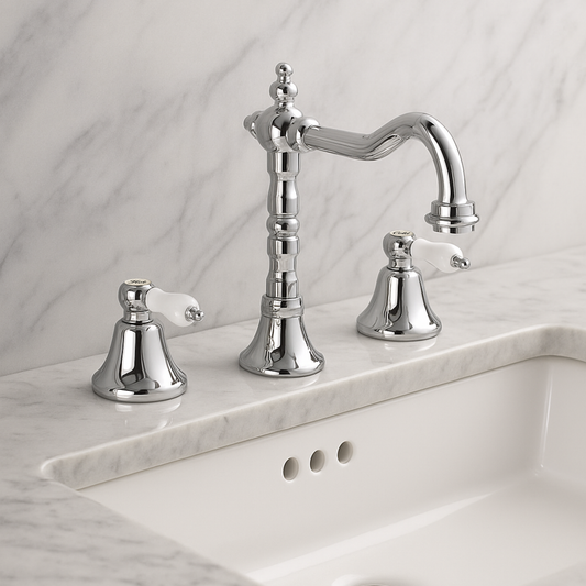 Chrome bathroom faucet set on a marble countertop with a white tiled wall background.