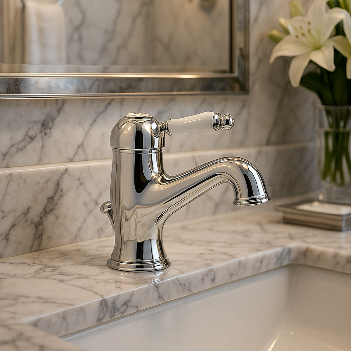 Chrome faucet on a marble countertop with a blurred background