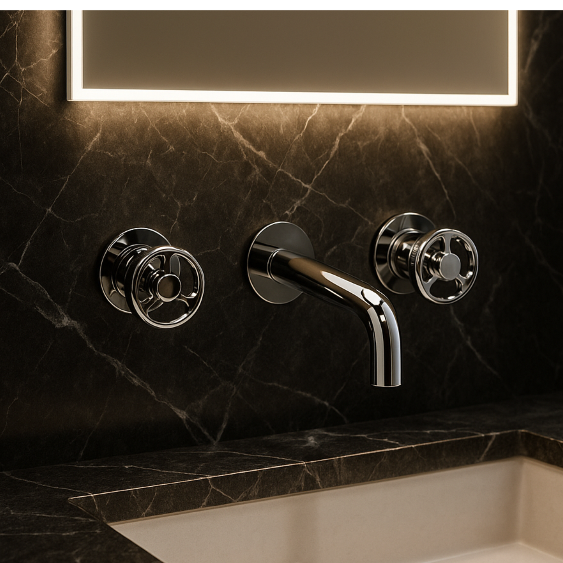 Chrome faucet and handles on a dark marble wall