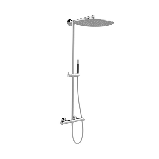 A modern chrome shower system with a large round rain showerhead, a handheld showerhead attached to a flexible hose, and sleek control valves.