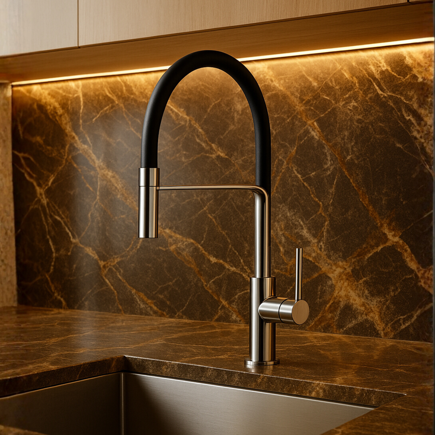 Modern kitchen faucet with marble backsplash