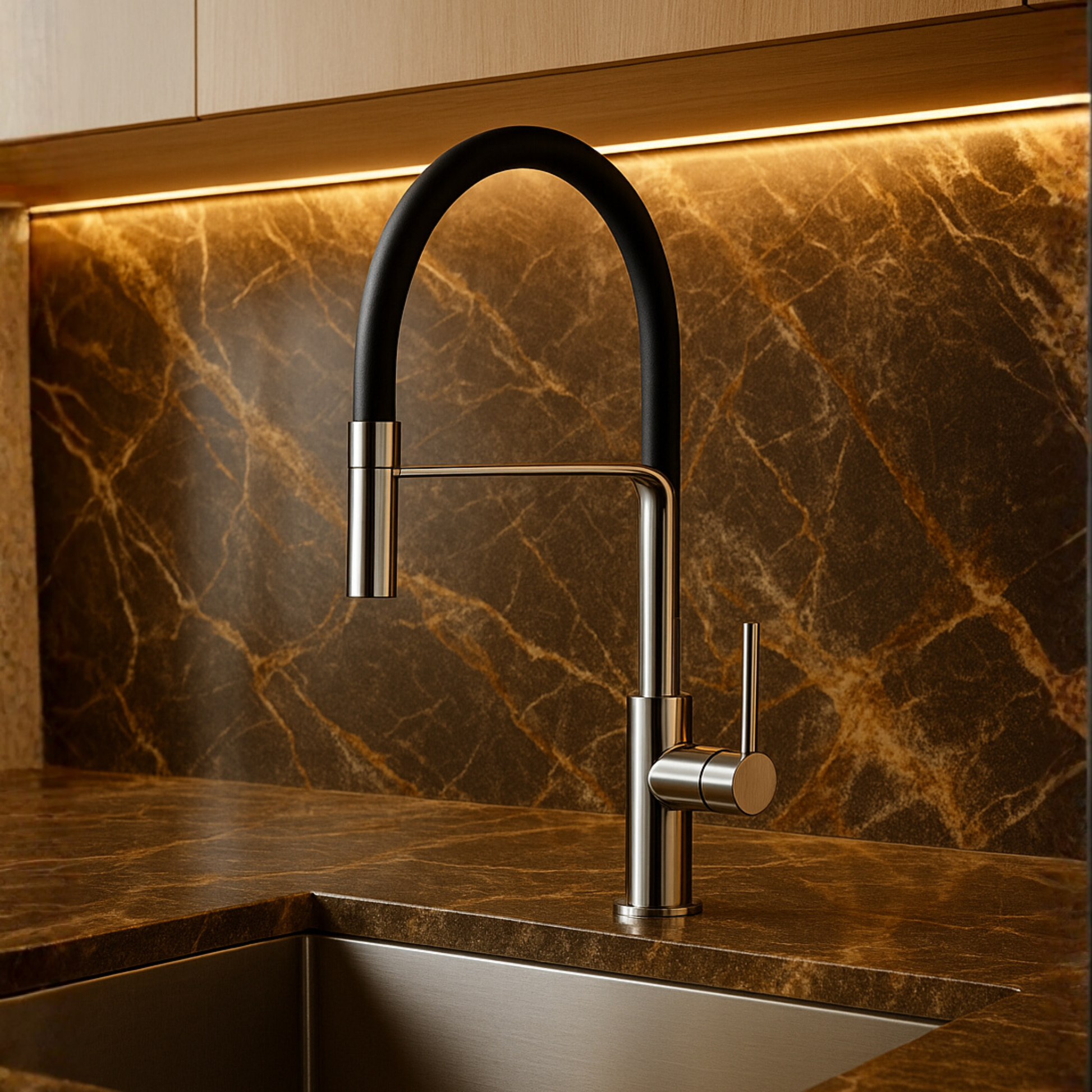 Modern kitchen faucet with marble backsplash