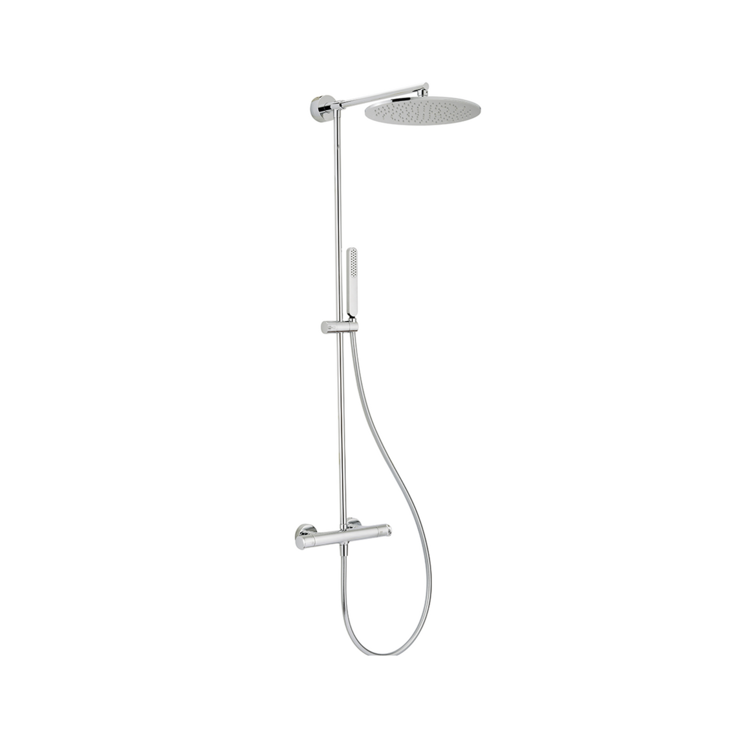 A chrome shower system with a round overhead rain shower, an adjustable handheld shower on a vertical rail, and a wall-mounted mixer valve against a white background.
