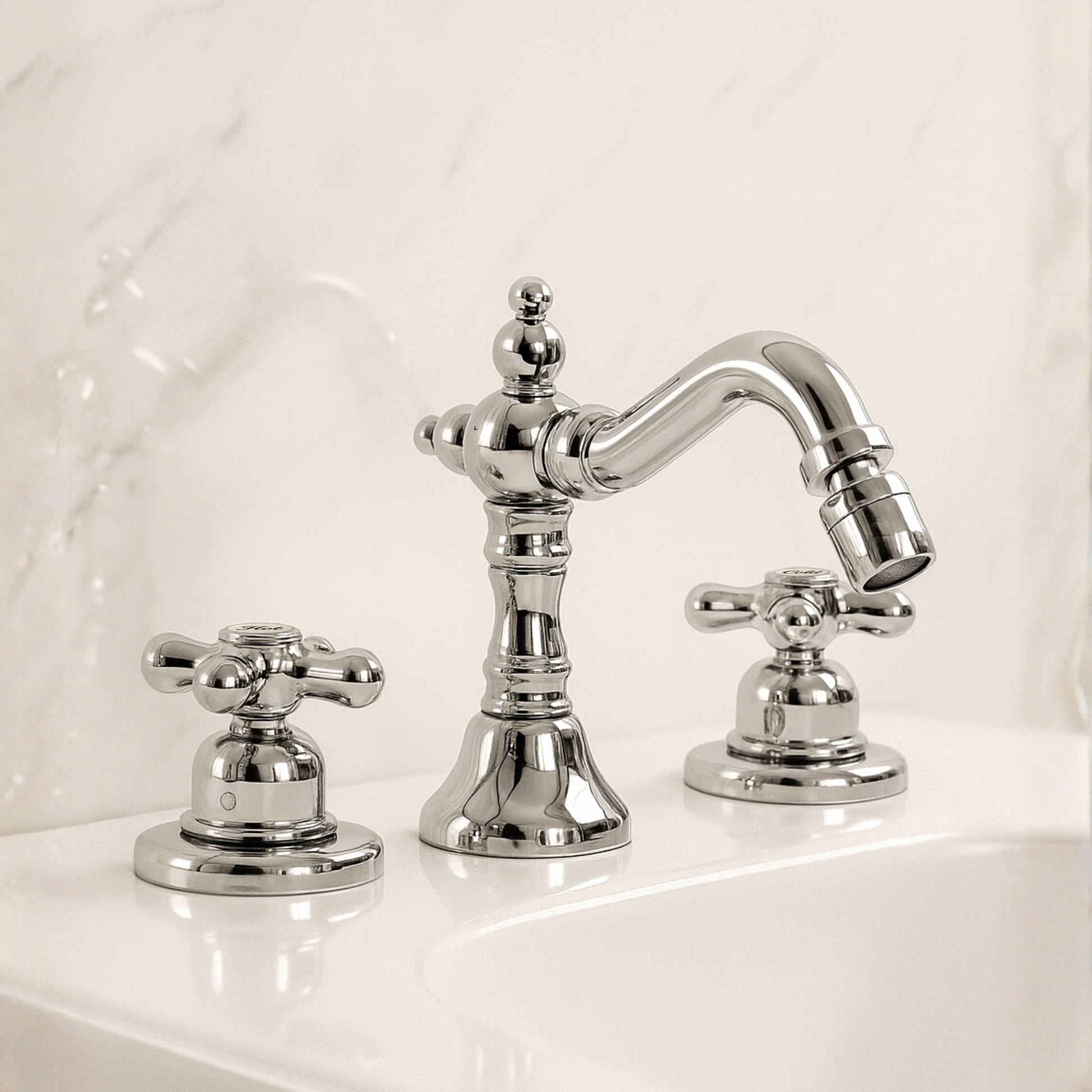 Chrome bathroom faucet set on a white countertop with a neutral background