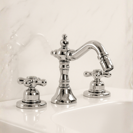 Chrome bathroom faucet set on a white countertop with a neutral background