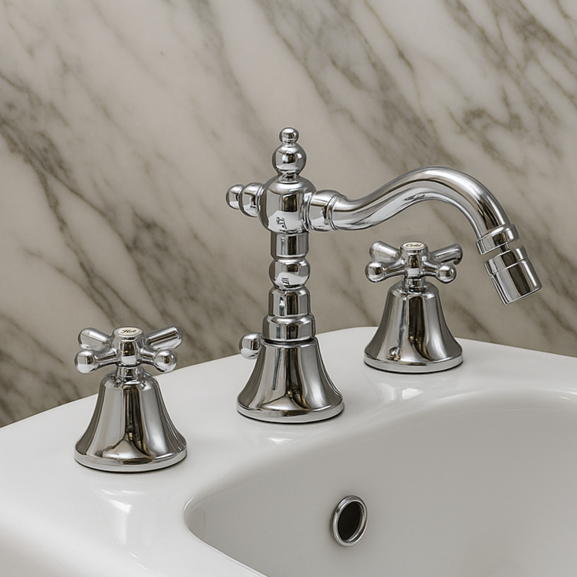 Chrome bathroom faucet set on a marble background